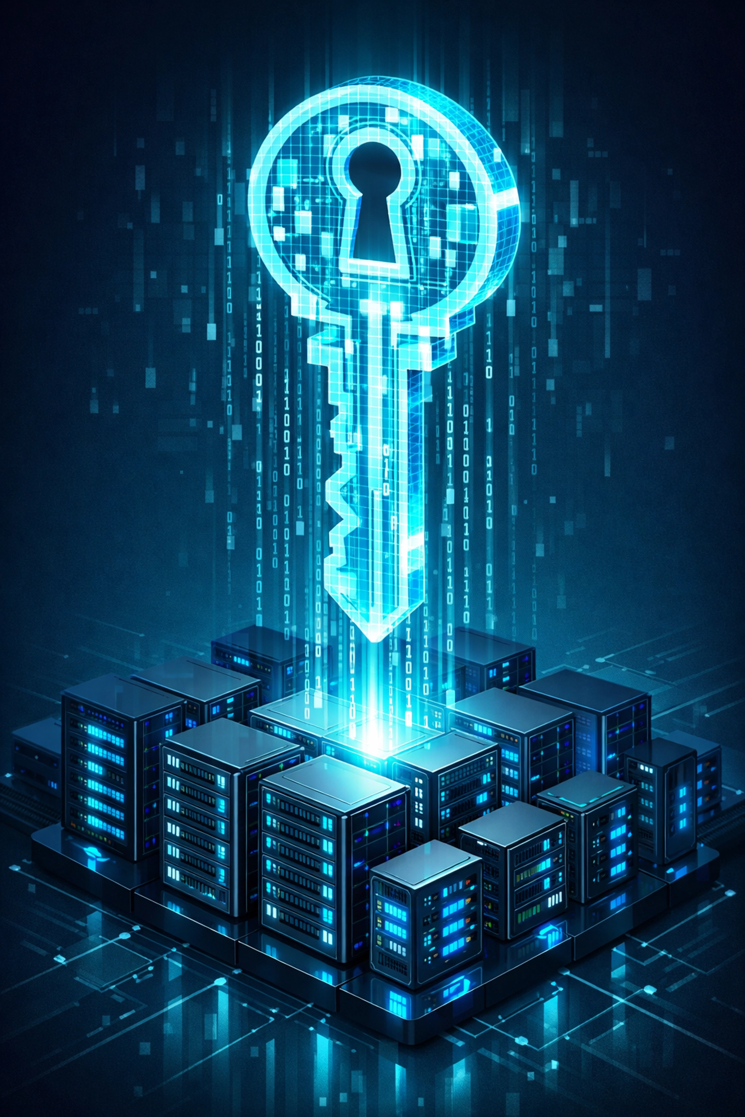Holographic digital key over server infrastructure representing identity-centric cybersecurity solutions.