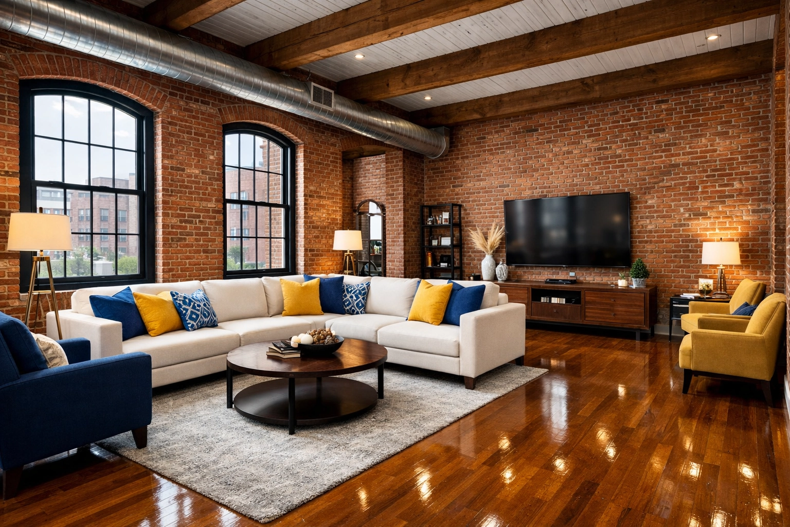 Polished hardwood floors in a Lowell mill apartment maintained by weekly house cleaning MA.
