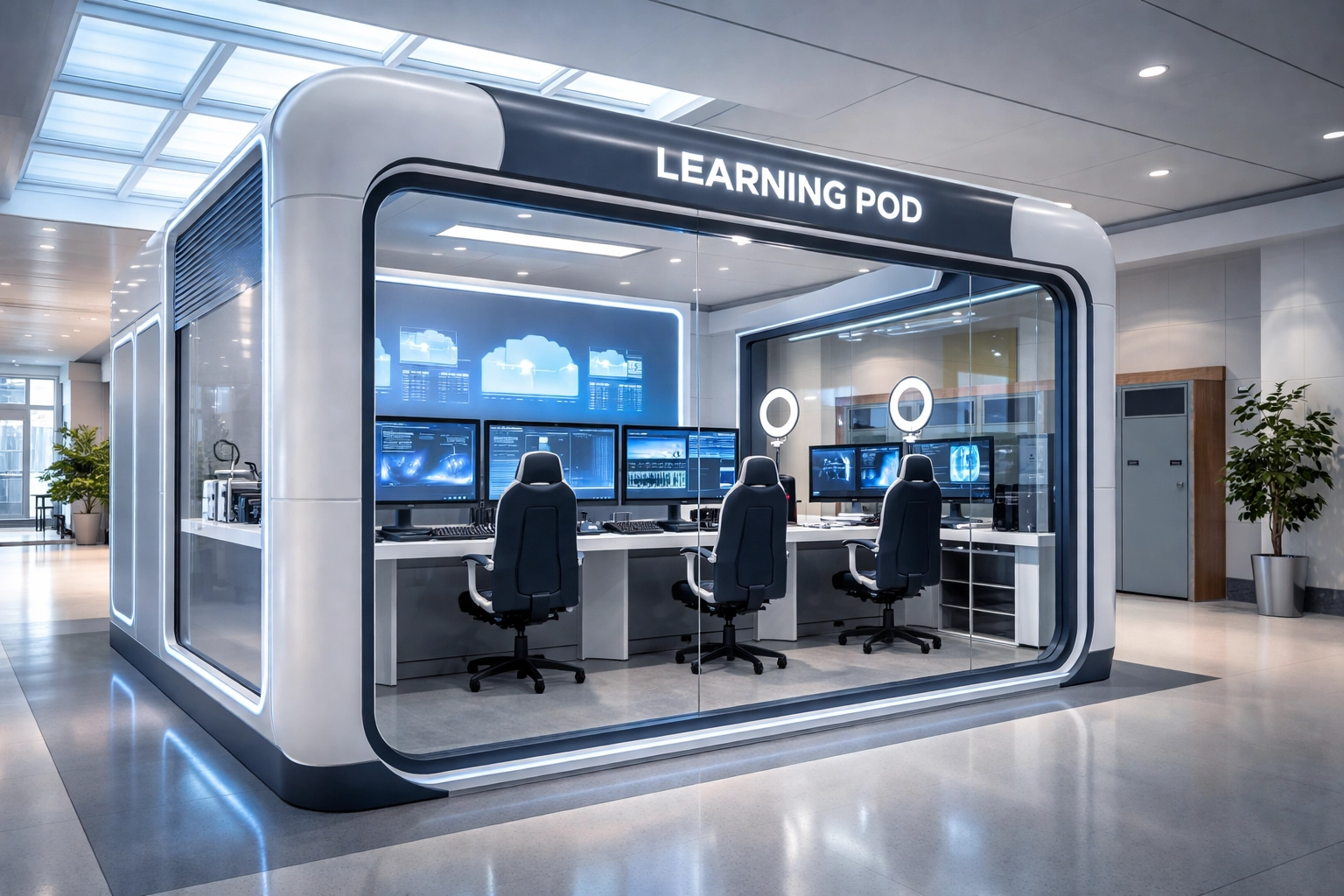 Modern learning pod with cloud technology, streaming gear, and gaming chairs showcases future-ready education infrastructure.