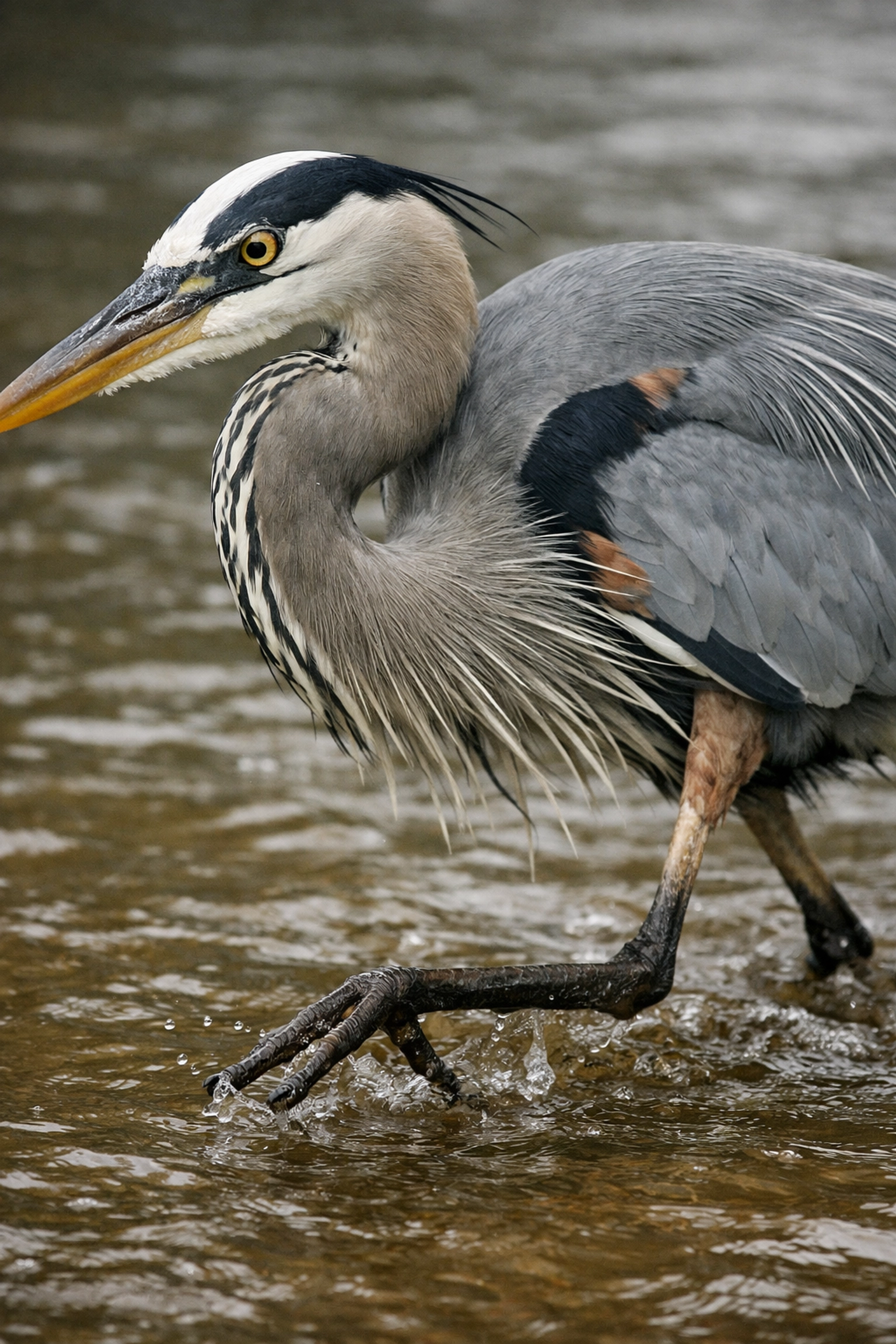 Detailed wildlife photography of a Great Blue Heron wading through shallow Florida wetlands.