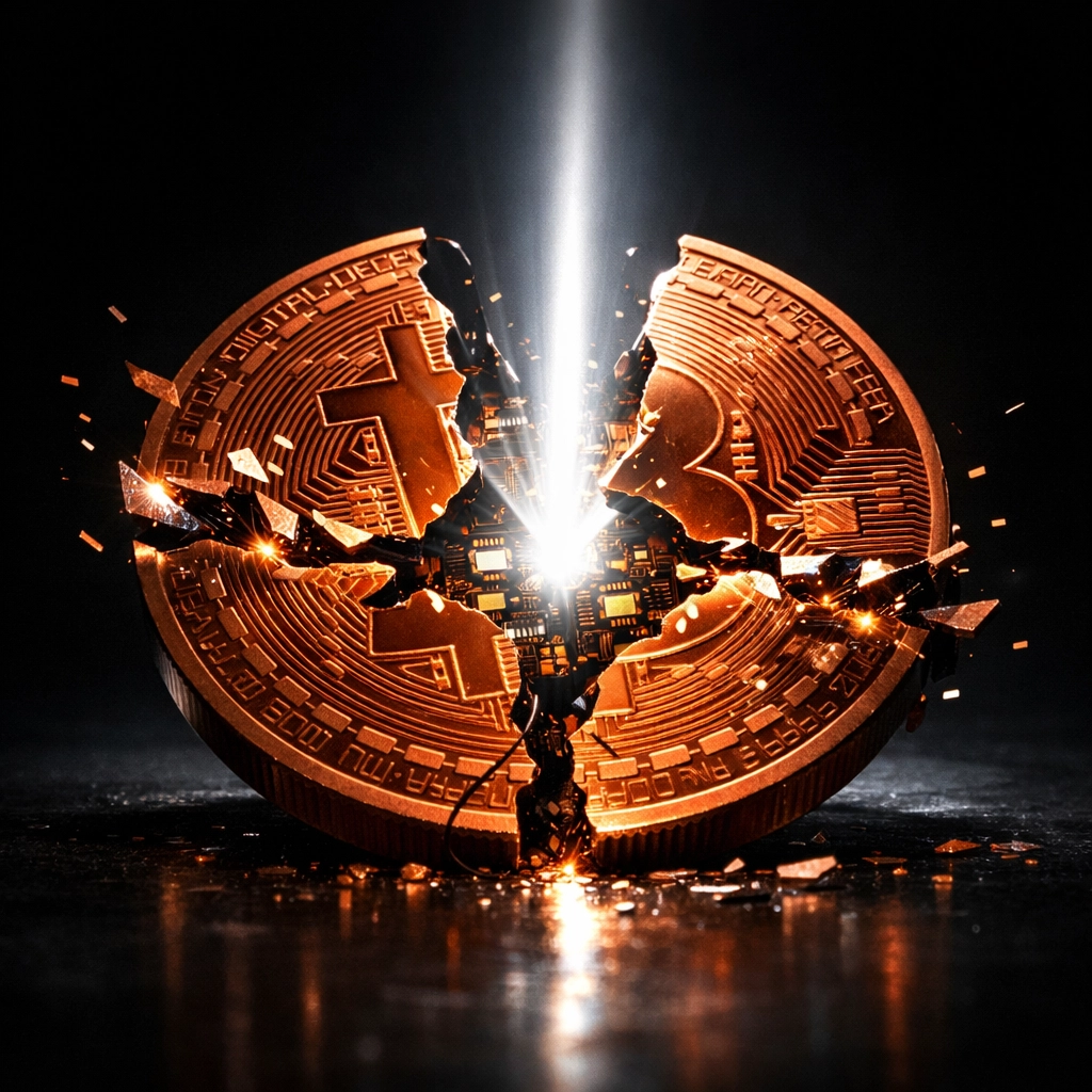 Startup news India: A cracked digital coin representing transparency in the modern economy.