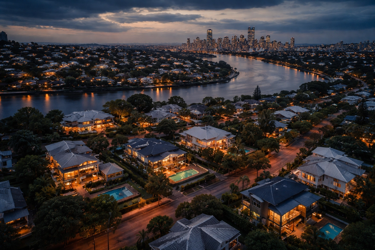 Aerial view of Brisbane's inner suburbs showcasing heritage Queenslanders and contemporary home designs