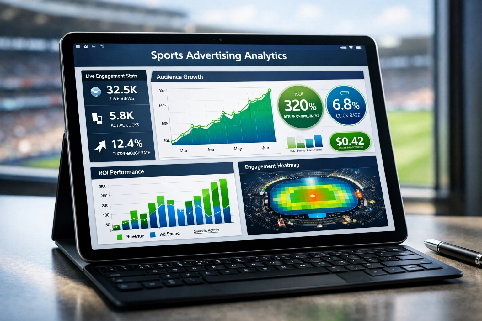 Sports advertising analytics dashboard displaying real-time performance metrics and ROI data