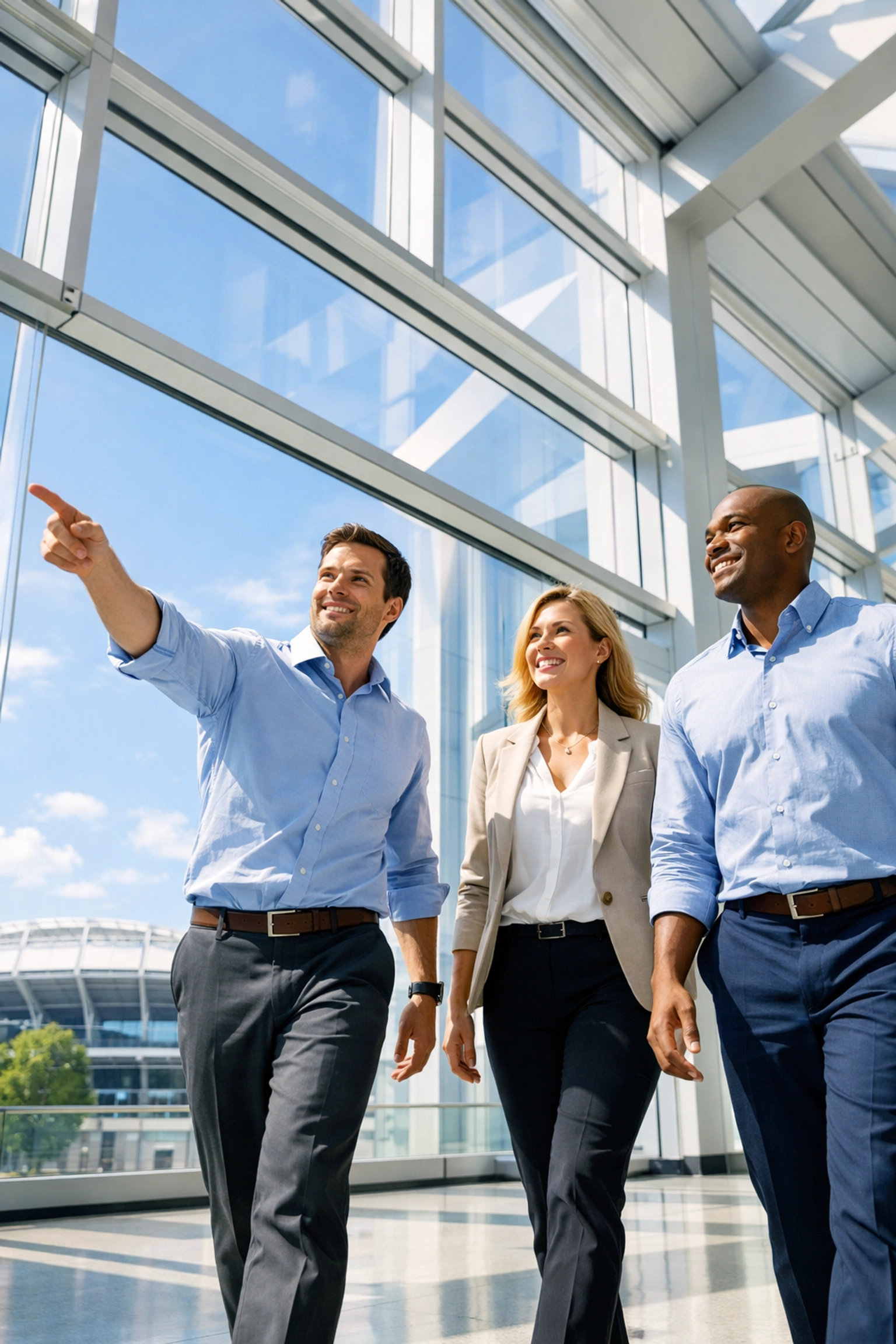 Consultants planning future sports media strategies for the next Super Bowl in a modern office.