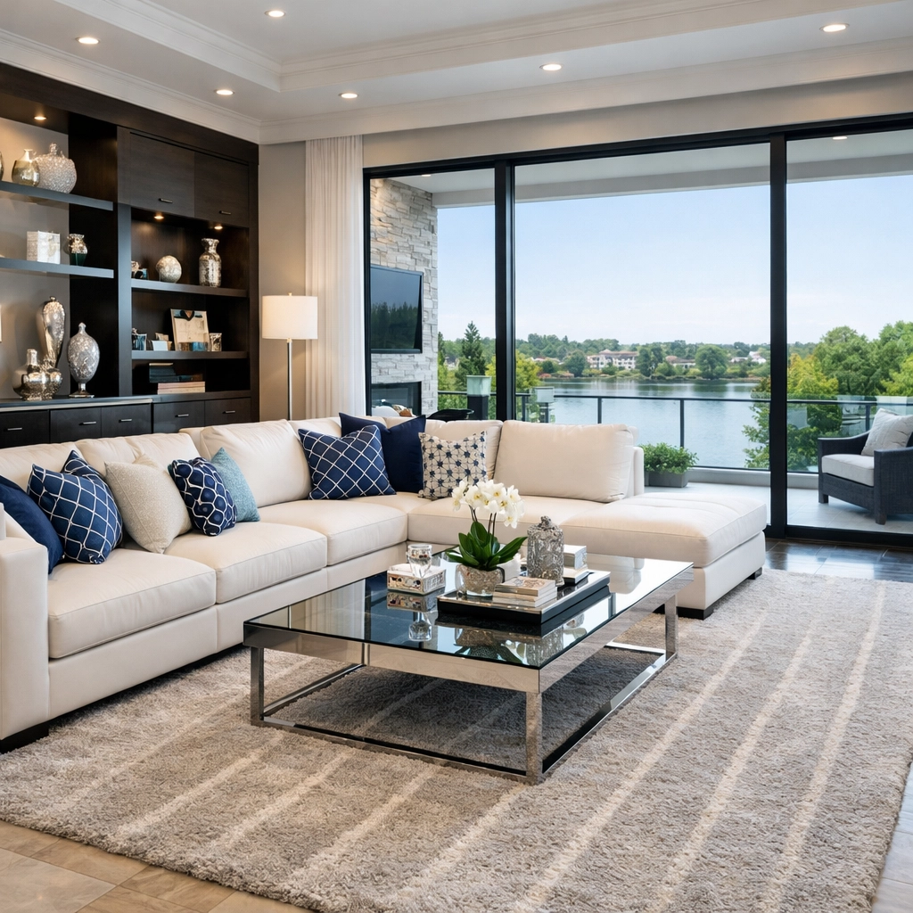 Detailed deep house cleaning in Westford showing a pristine living room with floor-to-ceiling windows and decor.