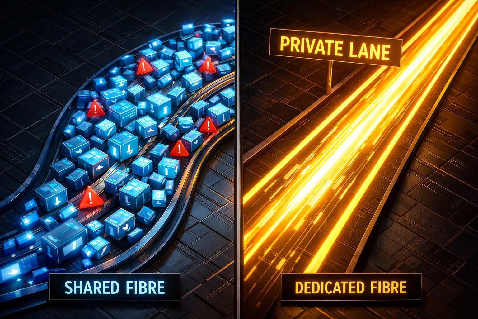 Visualization comparing congested shared fibre versus smooth dedicated internet access for business.