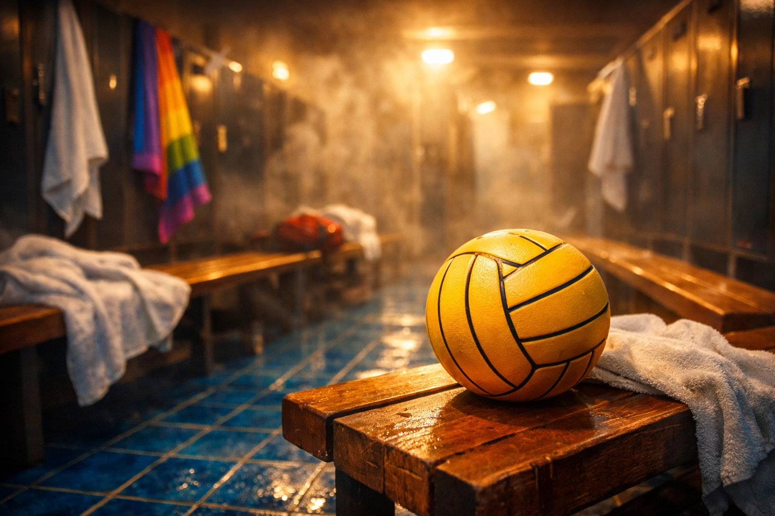 Empty water polo locker room in Barcelona, representing closeted athlete's hidden identity