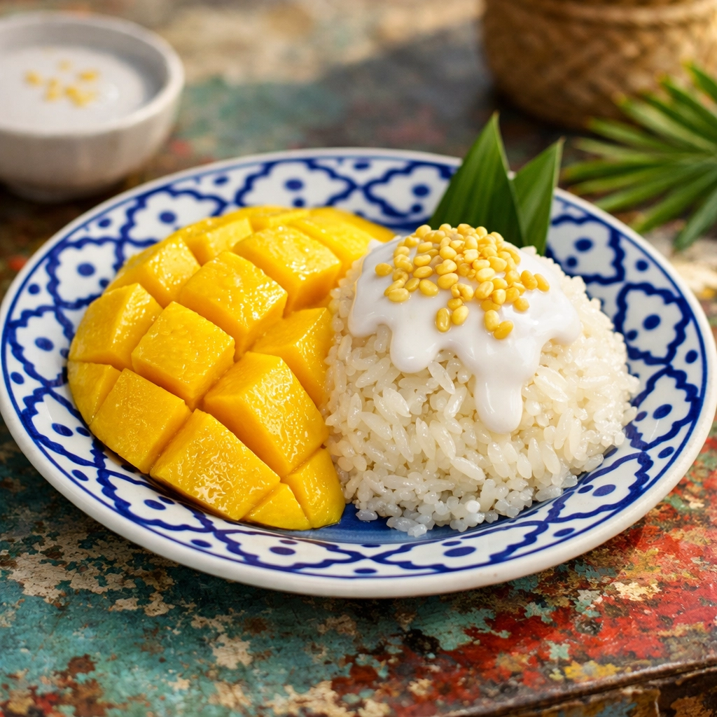 Sweet mango sticky rice with coconut cream on a street table, a staple of budget travel food in Bangkok.