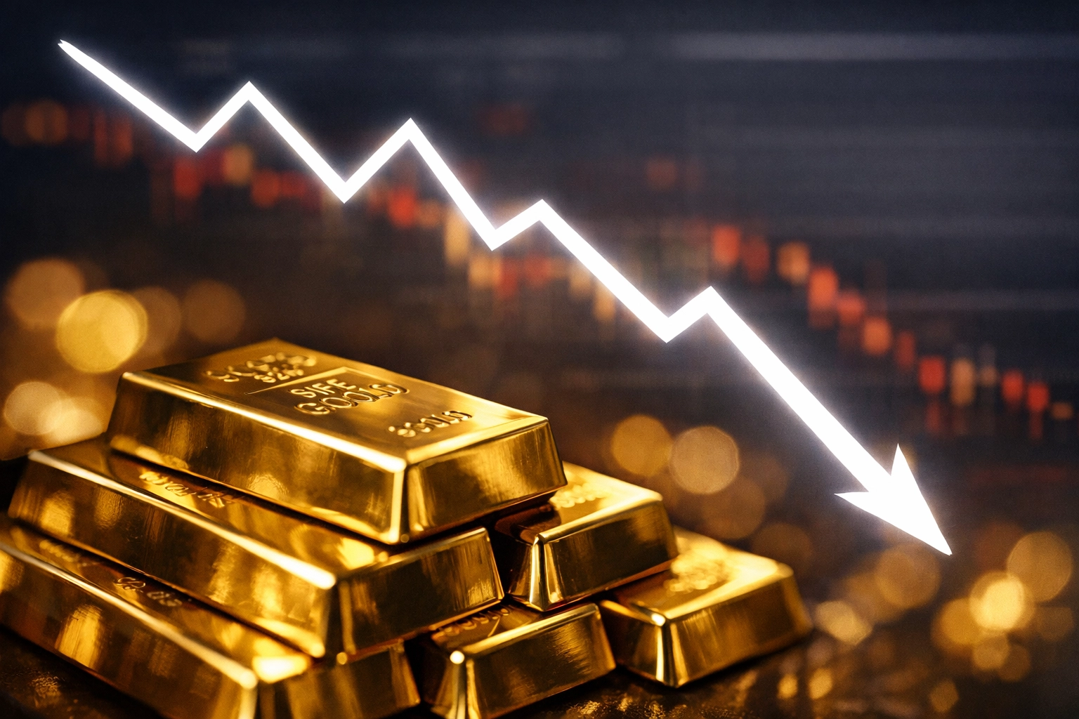 A declining financial chart line overlaying physical gold bars illustrating market volatility and falling prices.