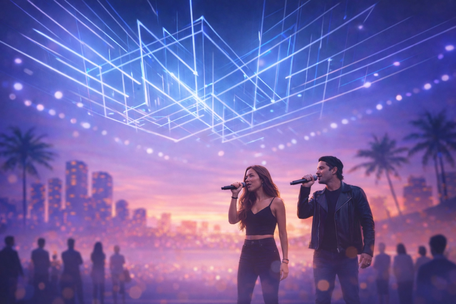 Minimalist group of performers on a South Florida stage with digital lines representing a music artist ops blueprint.