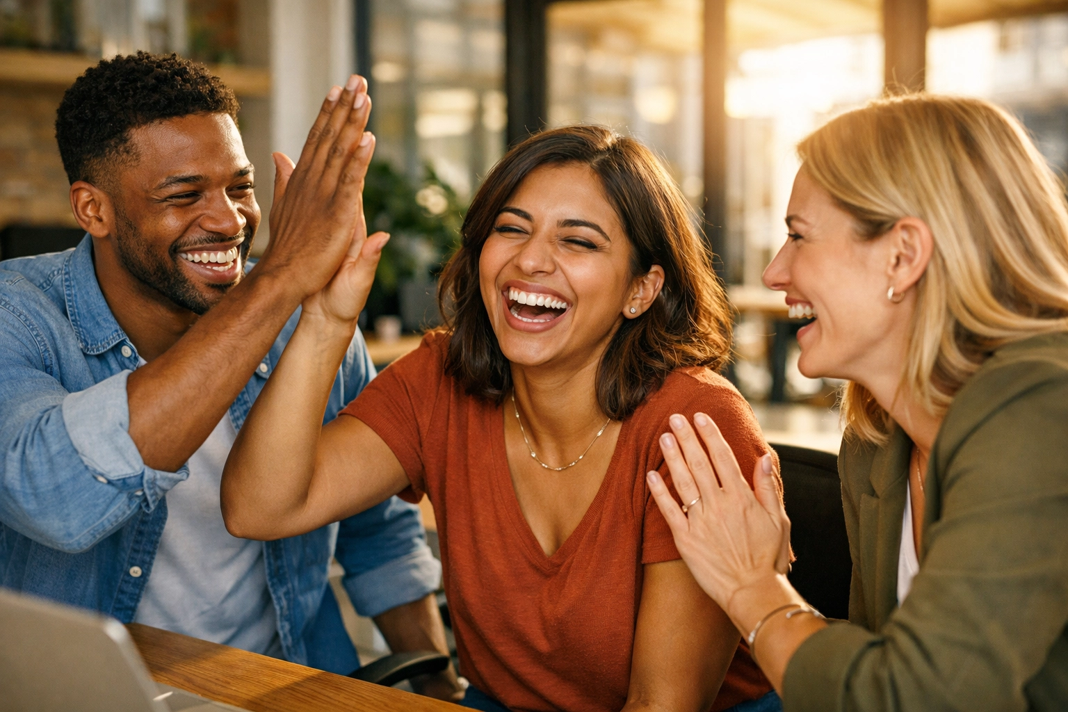 Diverse professionals laughing and high-fiving to build a positive team culture through vicarious joy.