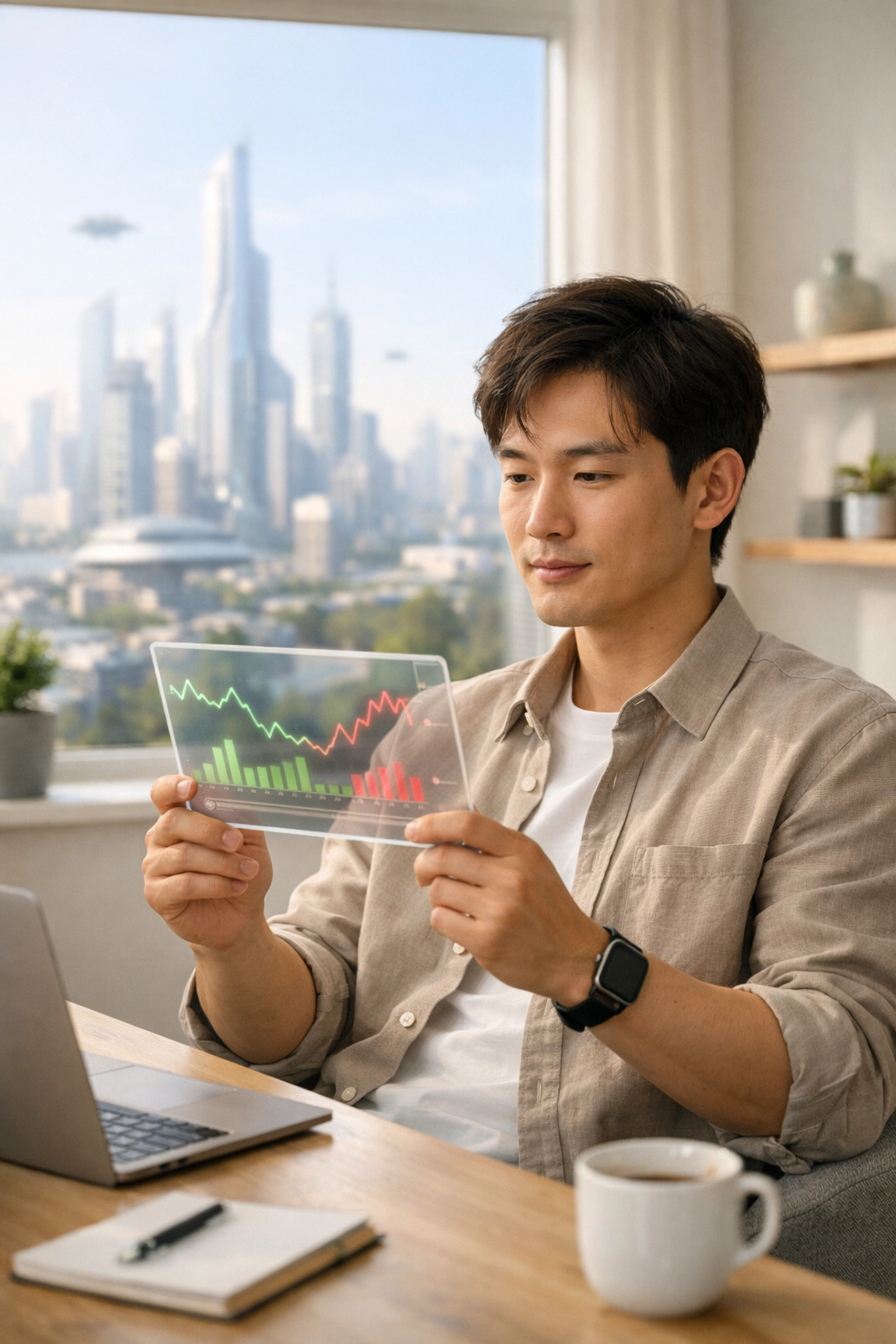 An investor calmly reviewing financial data in a modern office, showing disciplined long-term investing.
