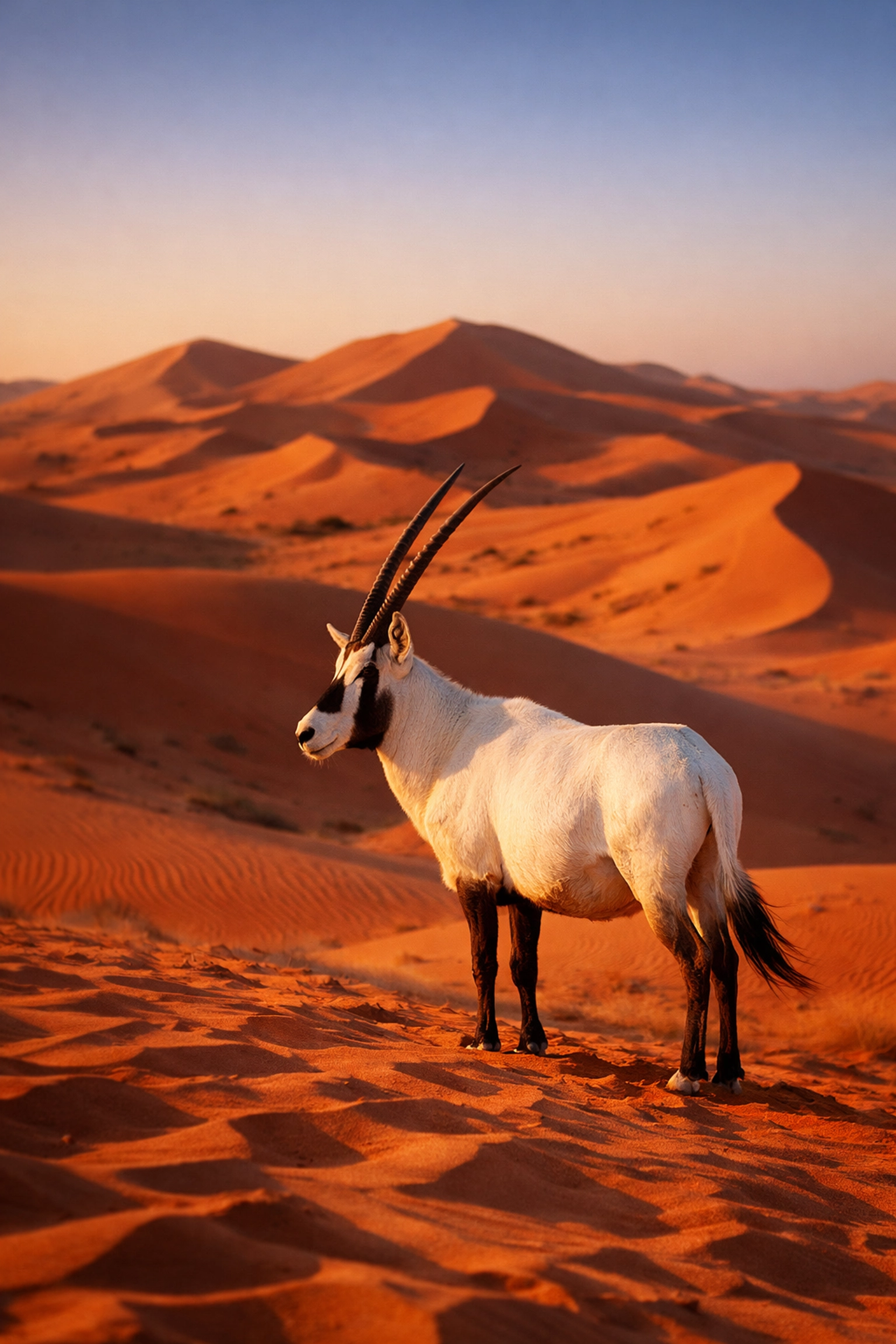Arabian oryx standing in desert sand dunes, conservation comeback