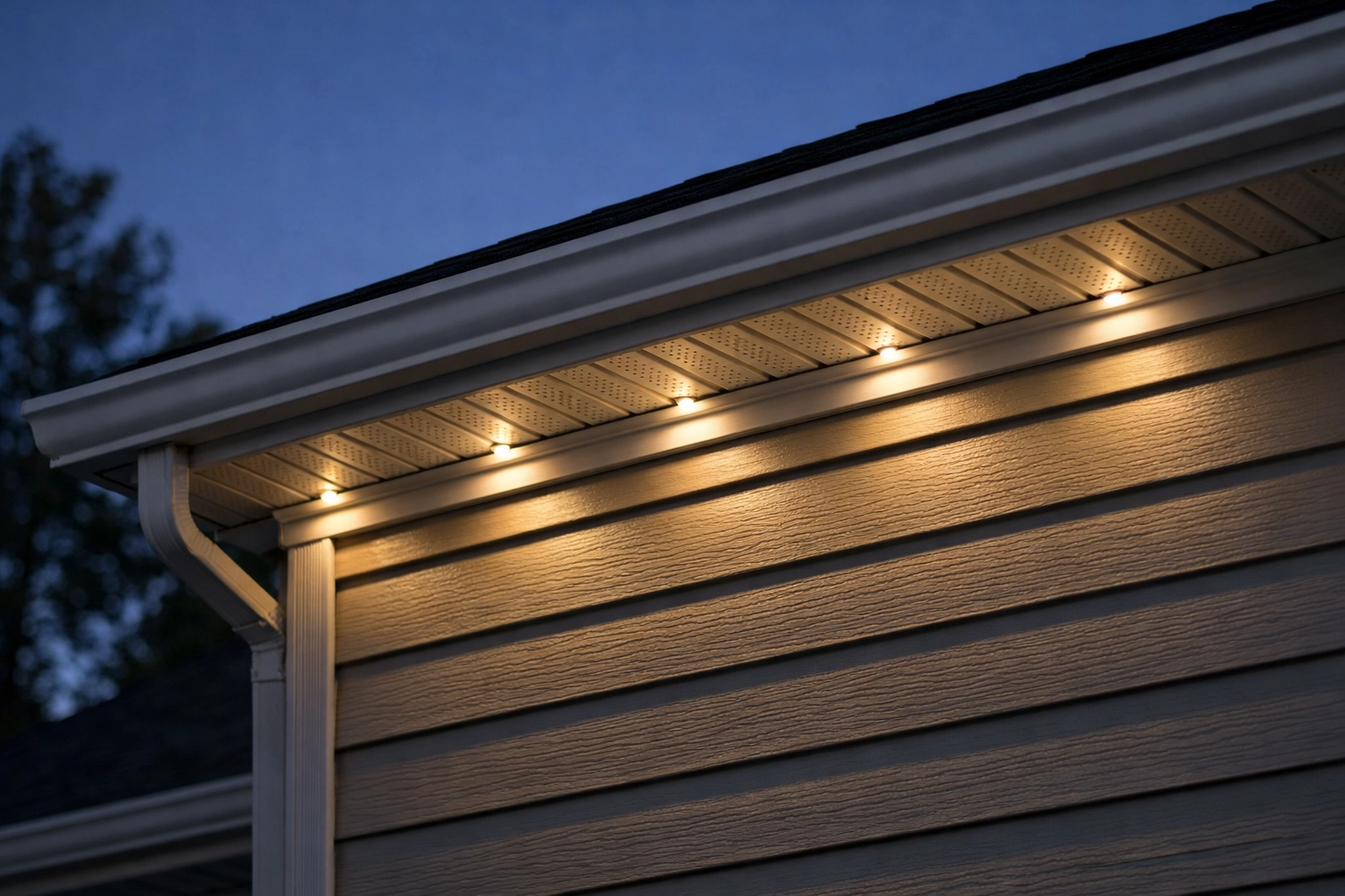 Color-matched permanent holiday lighting track installed on a suburban roofline in Lexington, KY.