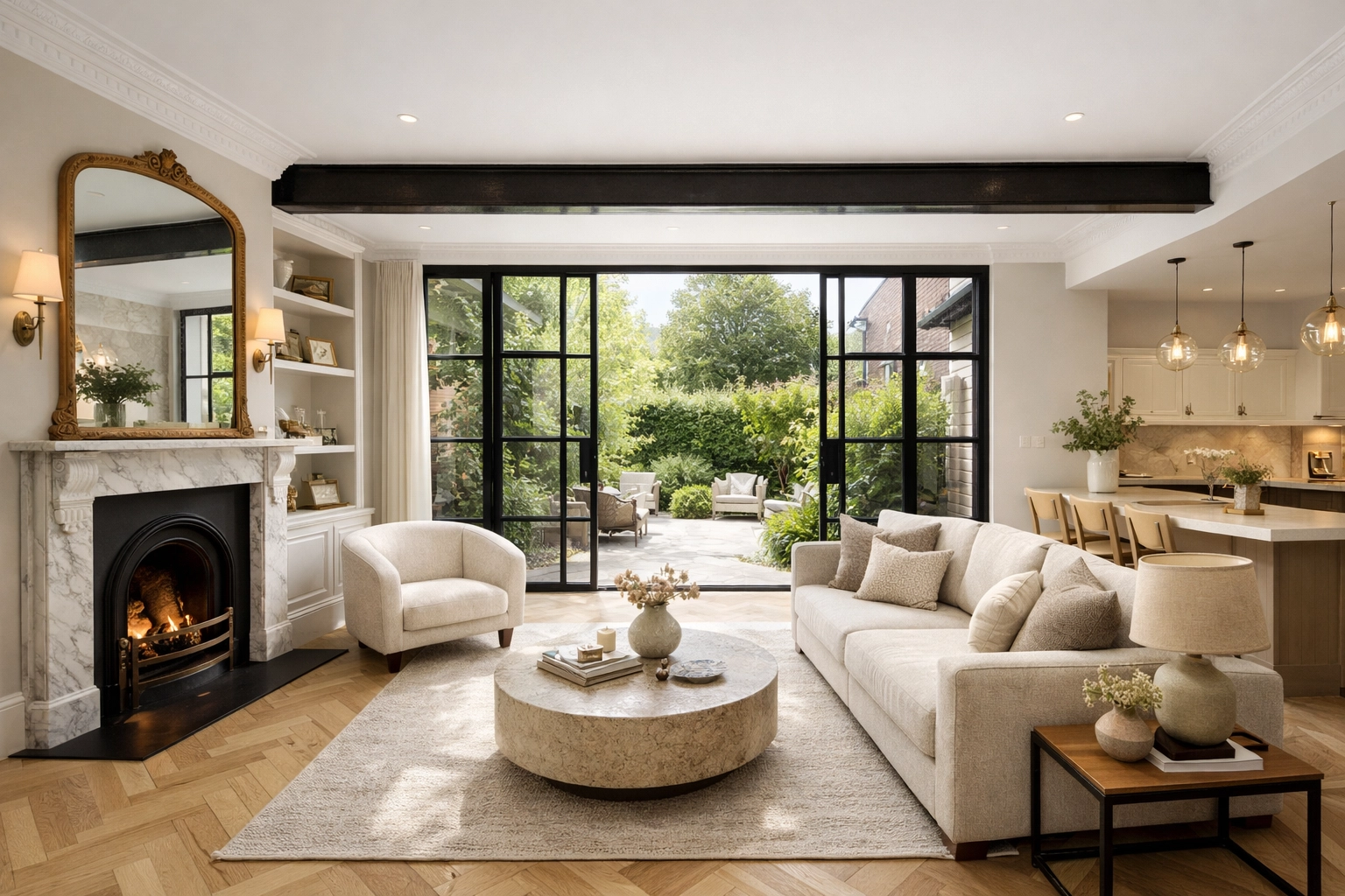 Open-plan living room in a North London Victorian terrace renovation with crittall doors.
