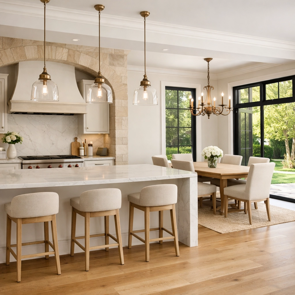 Modern open-concept kitchen with white marble countertops in a luxurious Denver home interior.