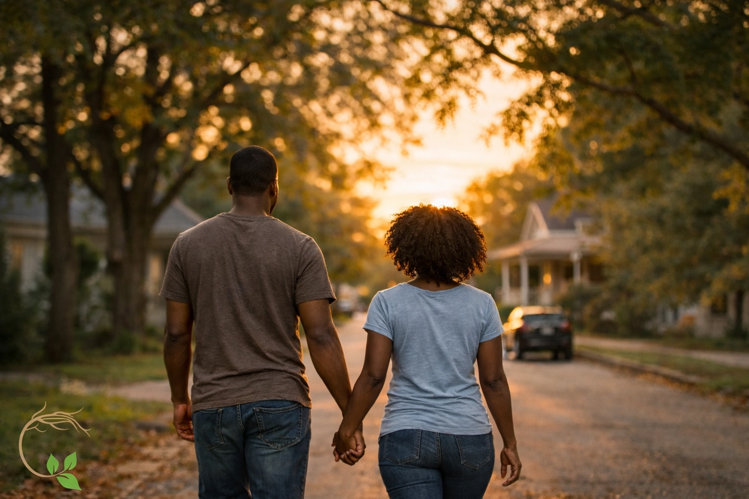 Black couple walking hand-in-hand together symbolizing relationship healing and connection