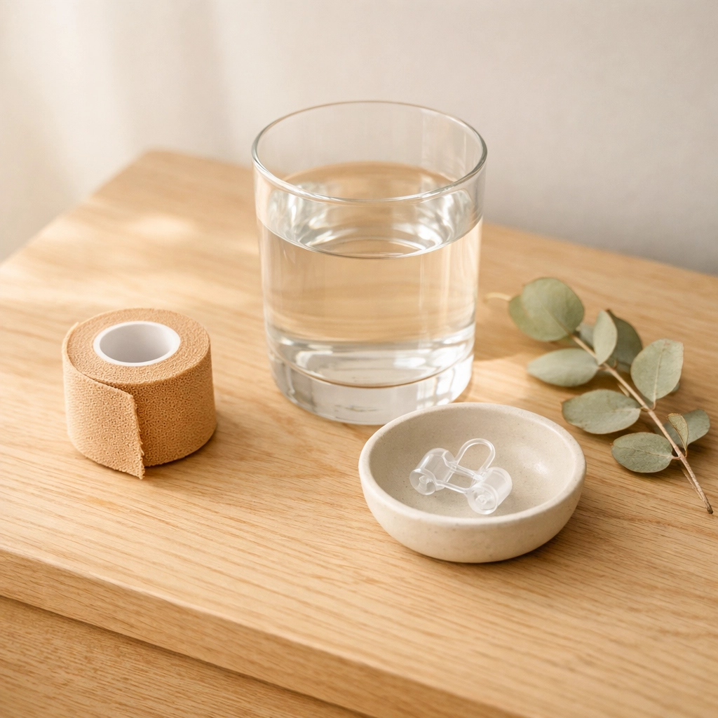 Wellness bedtime routine set with mouth tape and nasal dilators for improved nighttime respiration.