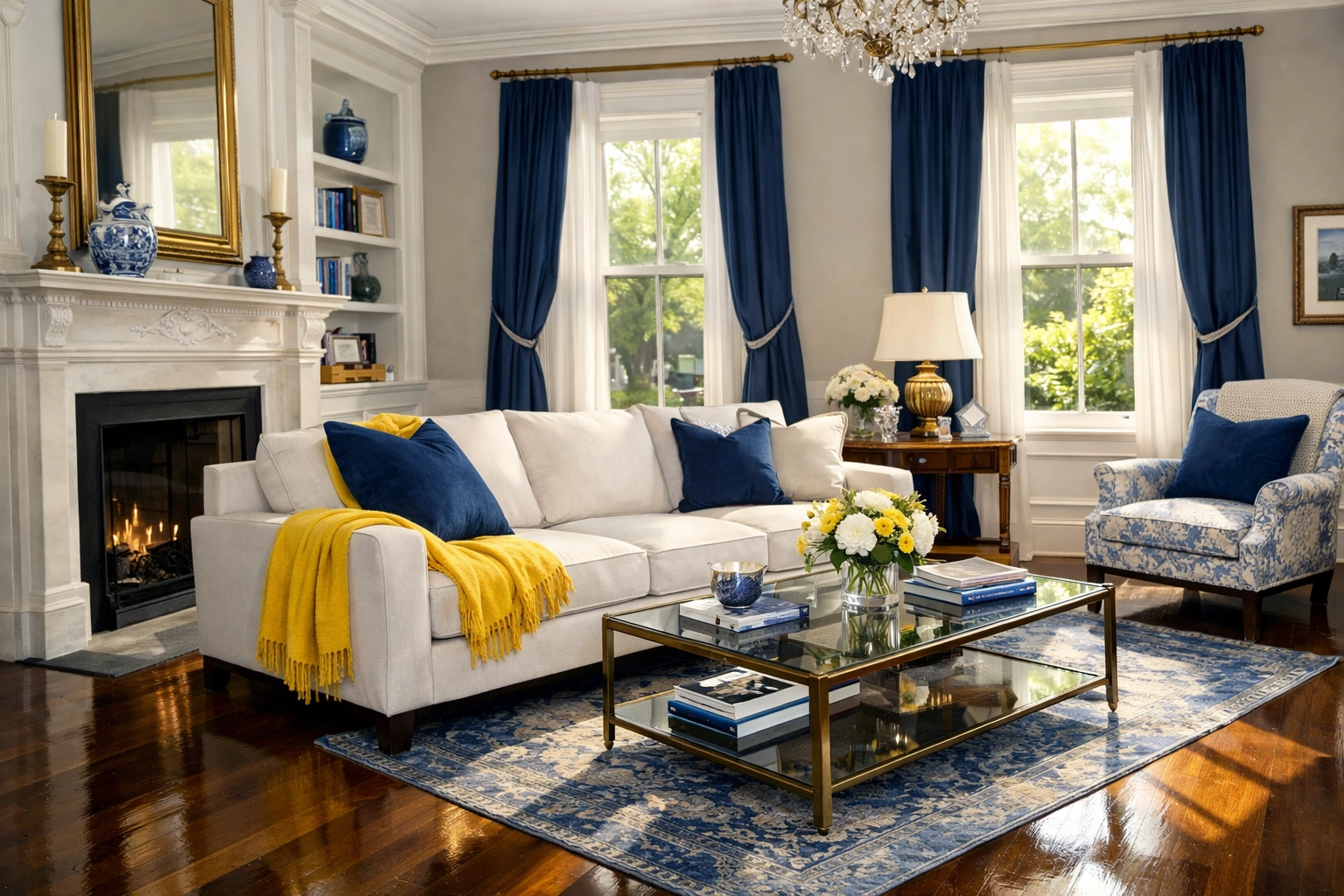 Professionally cleaned luxury living room in West Cambridge MA with polished hardwood floors.