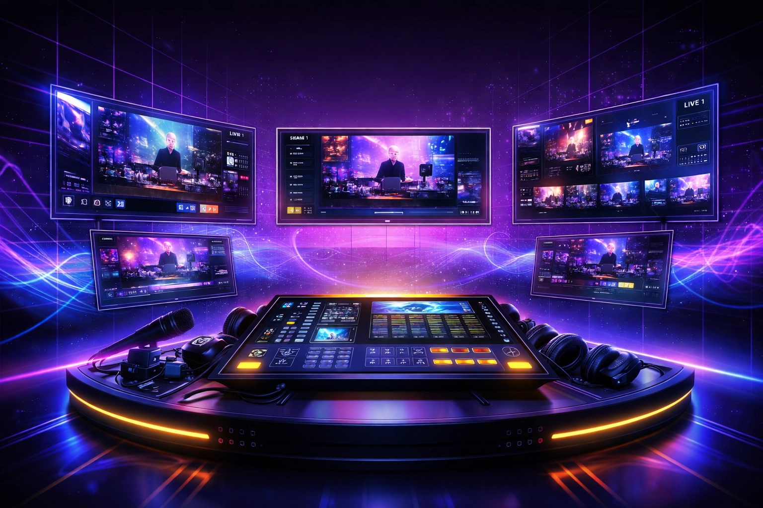 Livestream production setup with multiple screens showing how event livestreaming services keep business running remotely