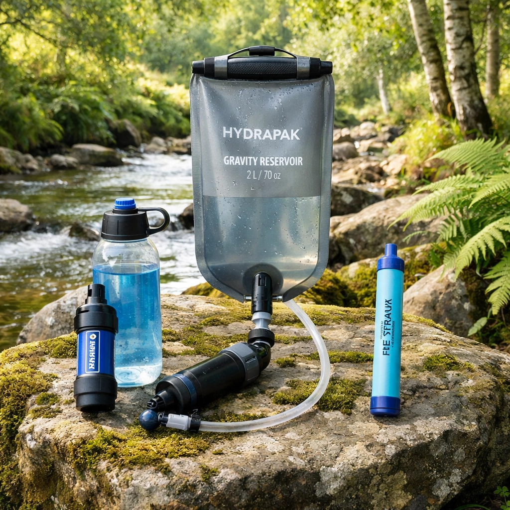 Portable water filters and squeeze systems for a camping adventure in the UK Lake District.