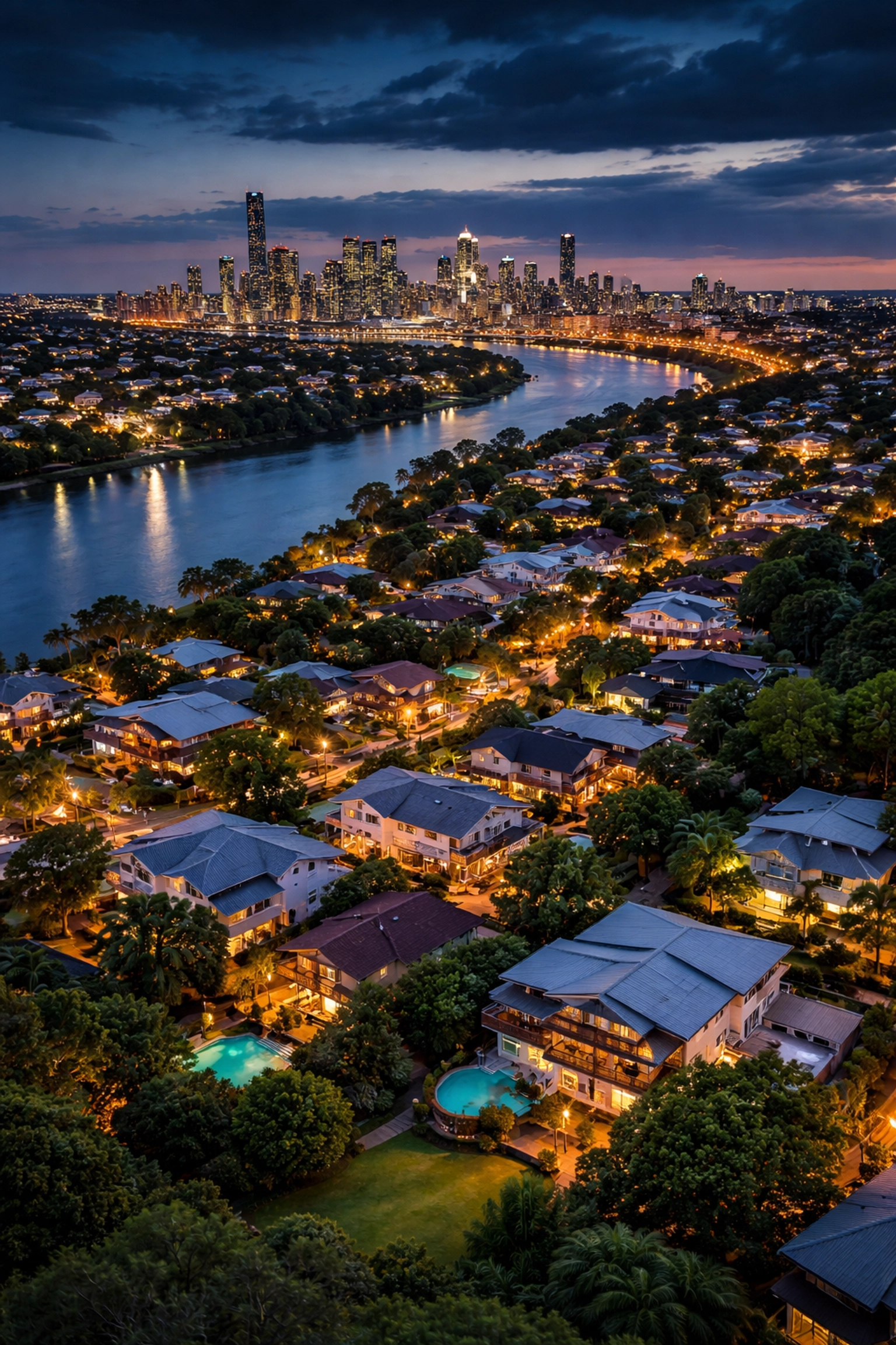 Aerial view of Brisbane suburbs at dusk showing diverse homes and prime areas for local builders to target with suburb-specific marketing.