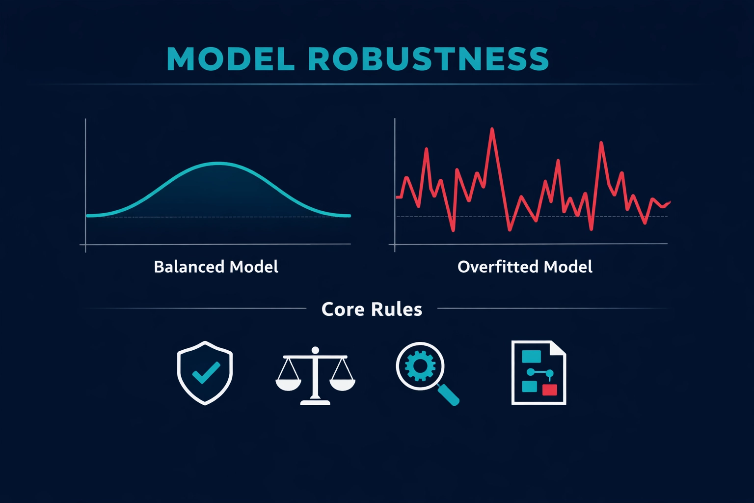 Infographic comparing a balanced betting system with an overfitted model for sports analytics.