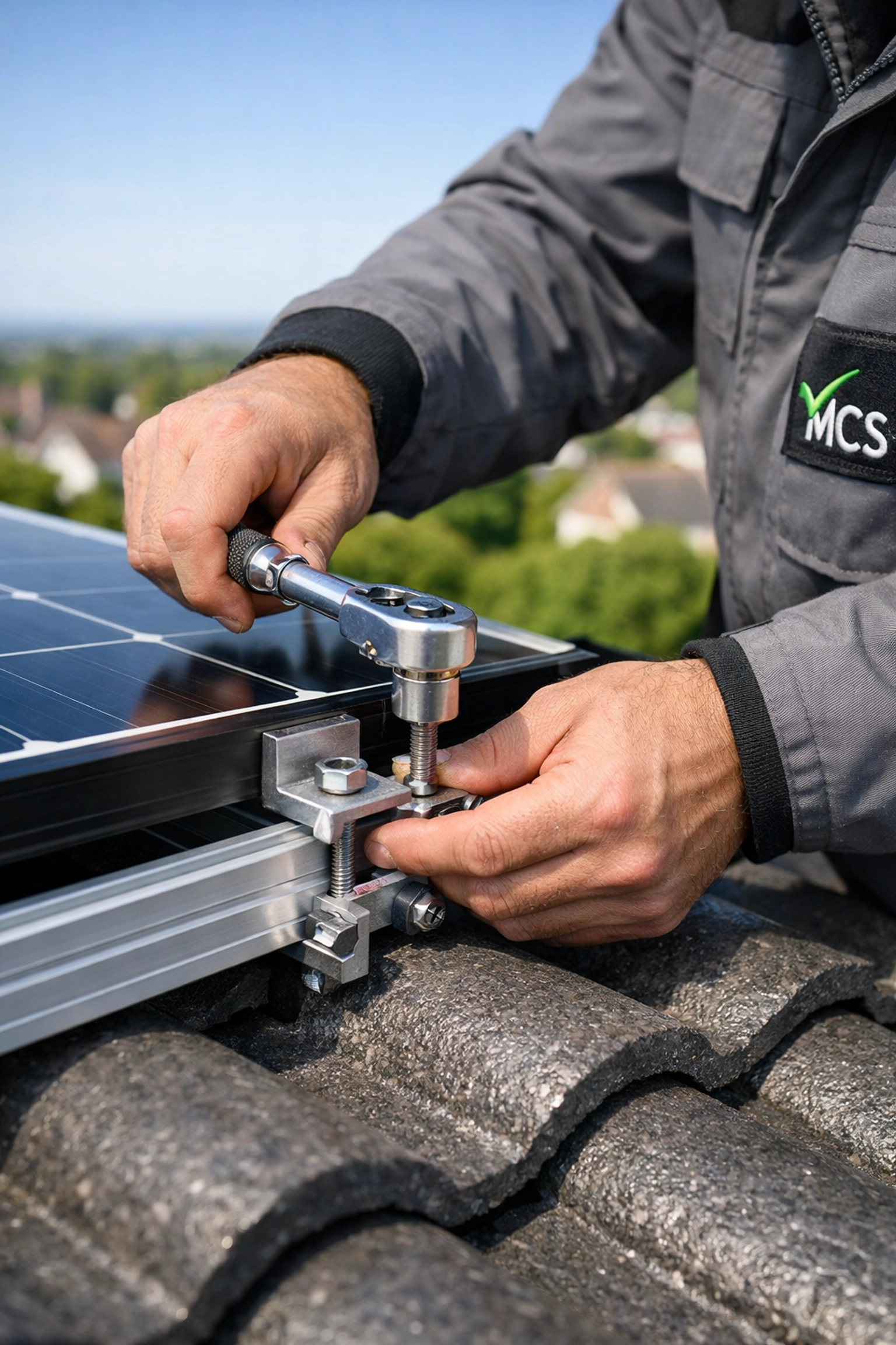 MCS-approved technician installing solar panels on a residential roof in Ferndown.