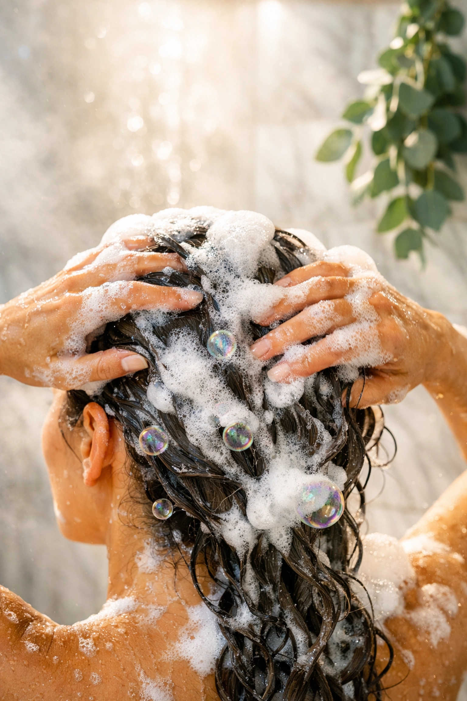 Gentle scalp massage with creamy sulfate-free lather for a restorative clean beauty hair ritual.