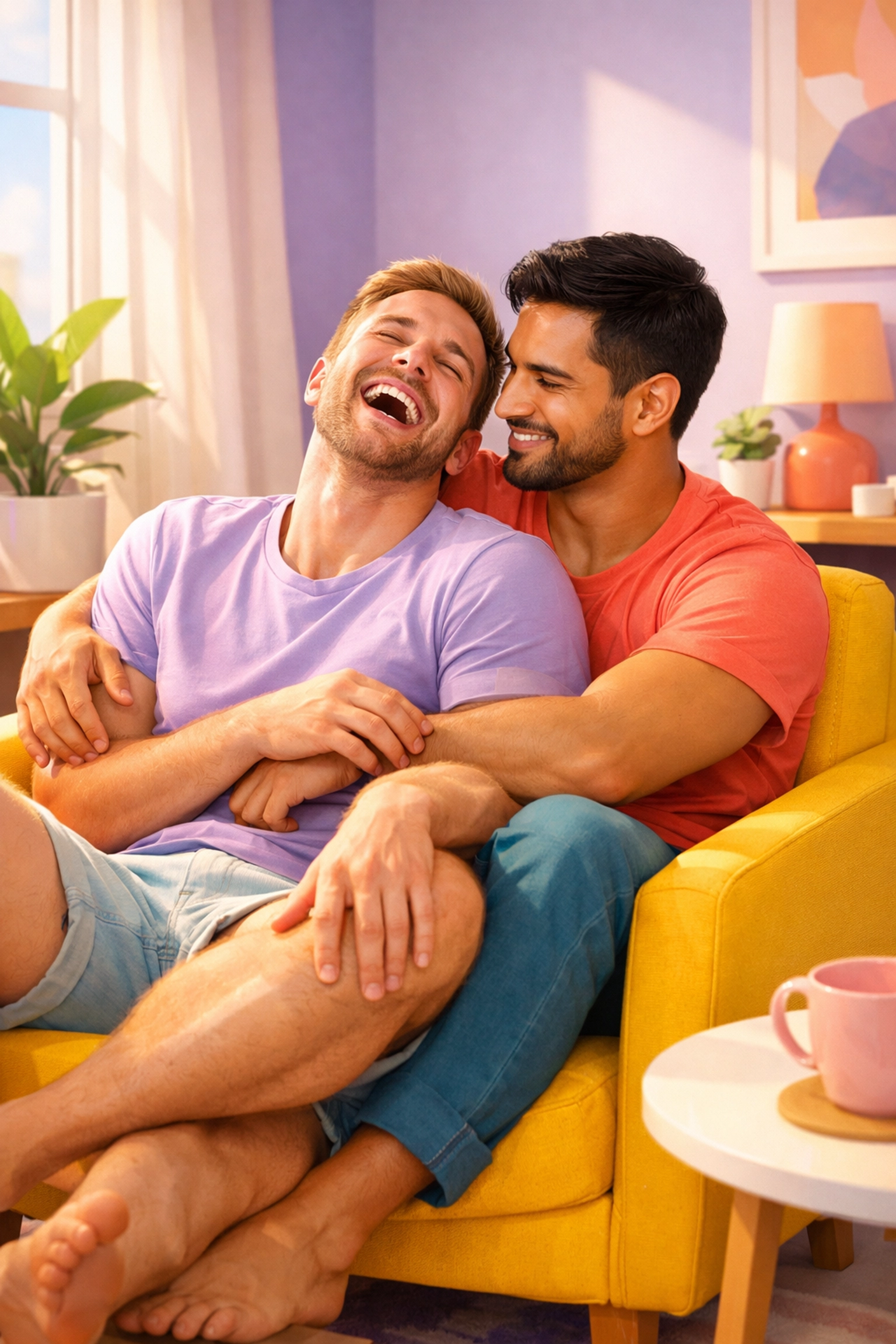 Two men laughing together on an armchair, representing the happy endings and queer joy found in MM romance books.