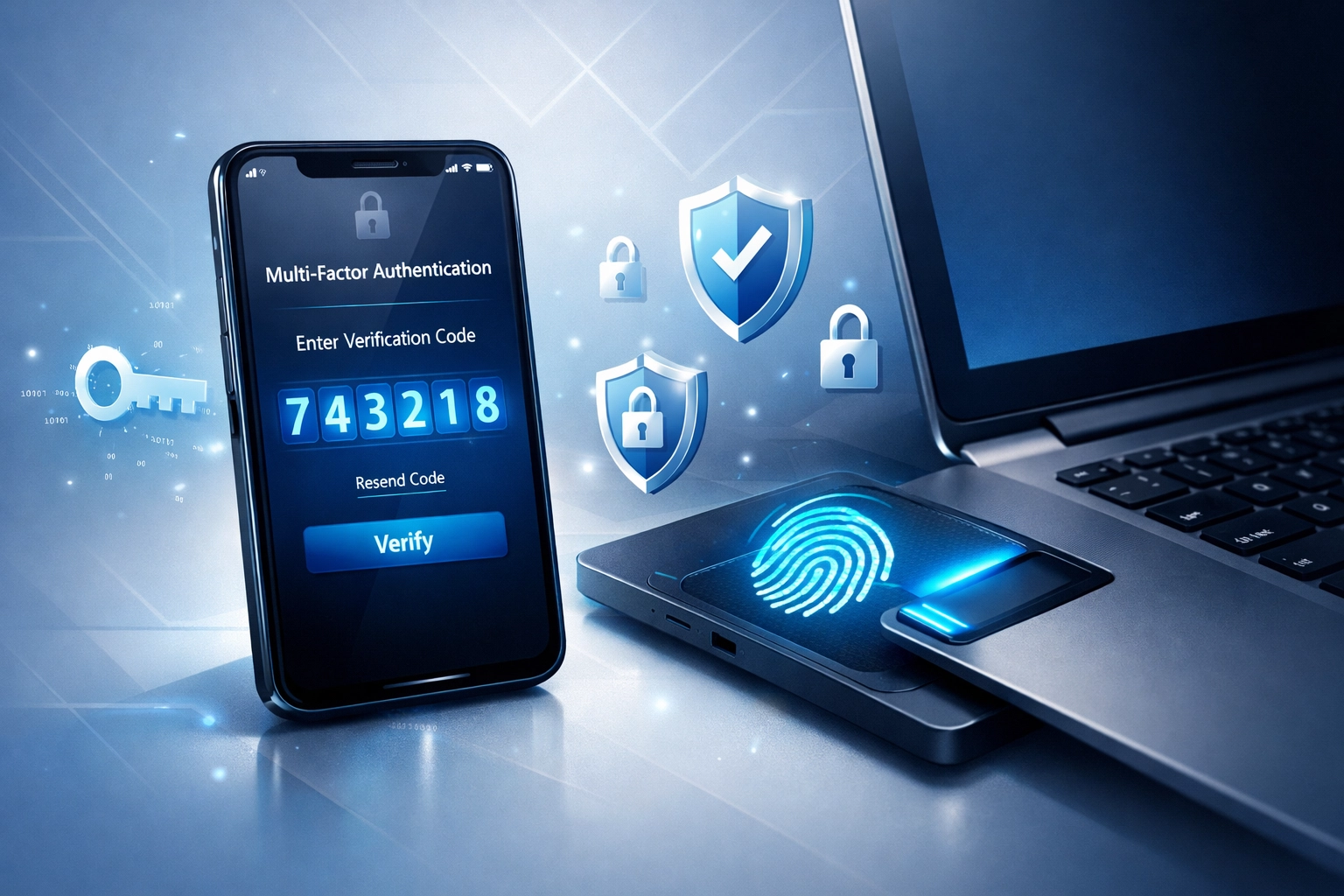 Multi-factor authentication setup with smartphone verification code and biometric scanner