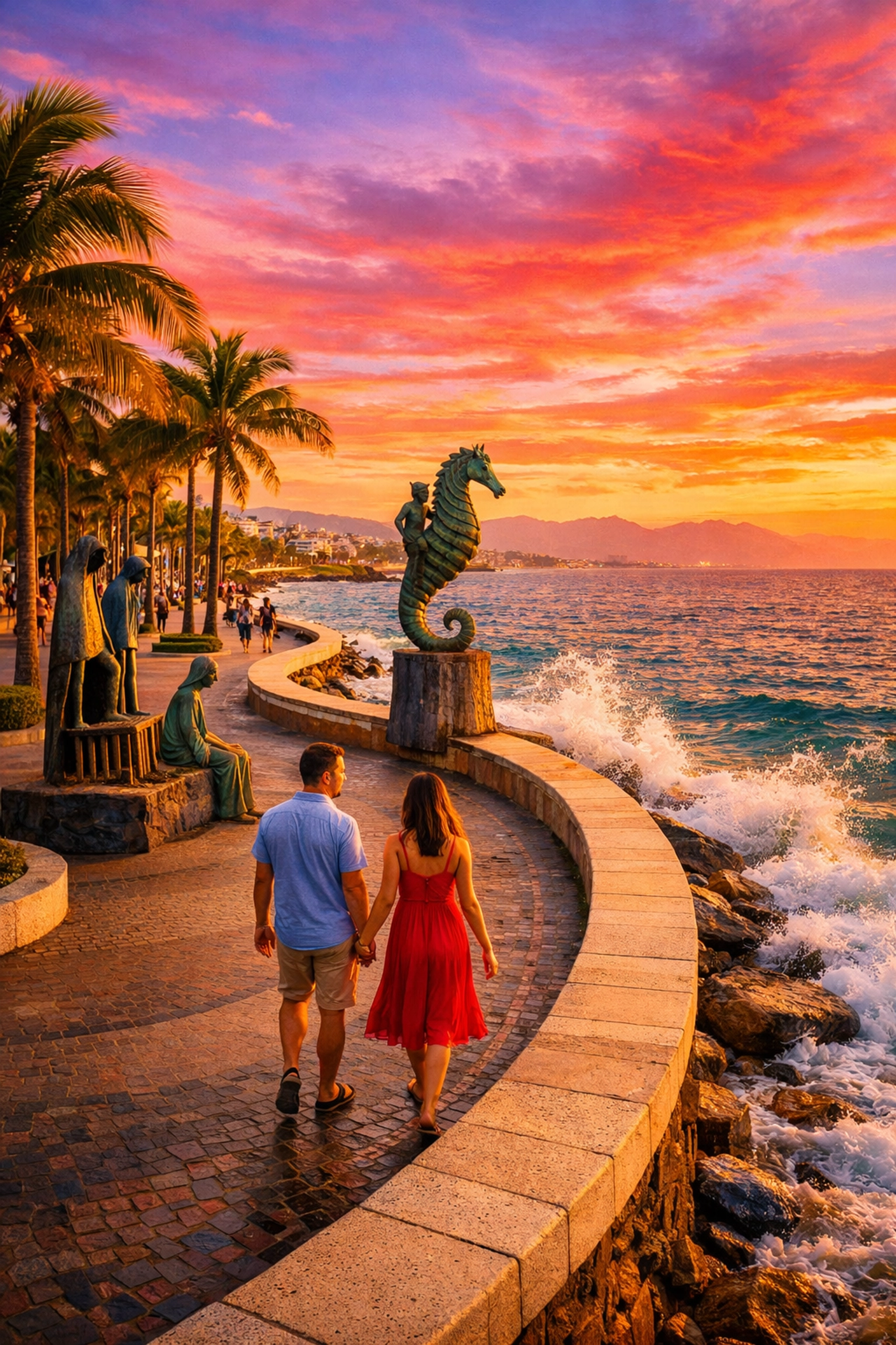 Couple walking hand-in-hand on Puerto Vallarta's Malecón boardwalk at sunset