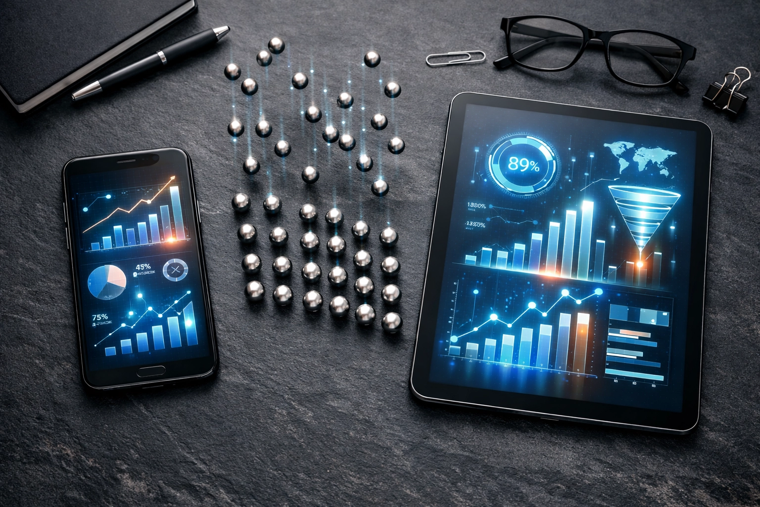 Digital dashboard showing automated sales lead scoring and marketing ad spend optimization.