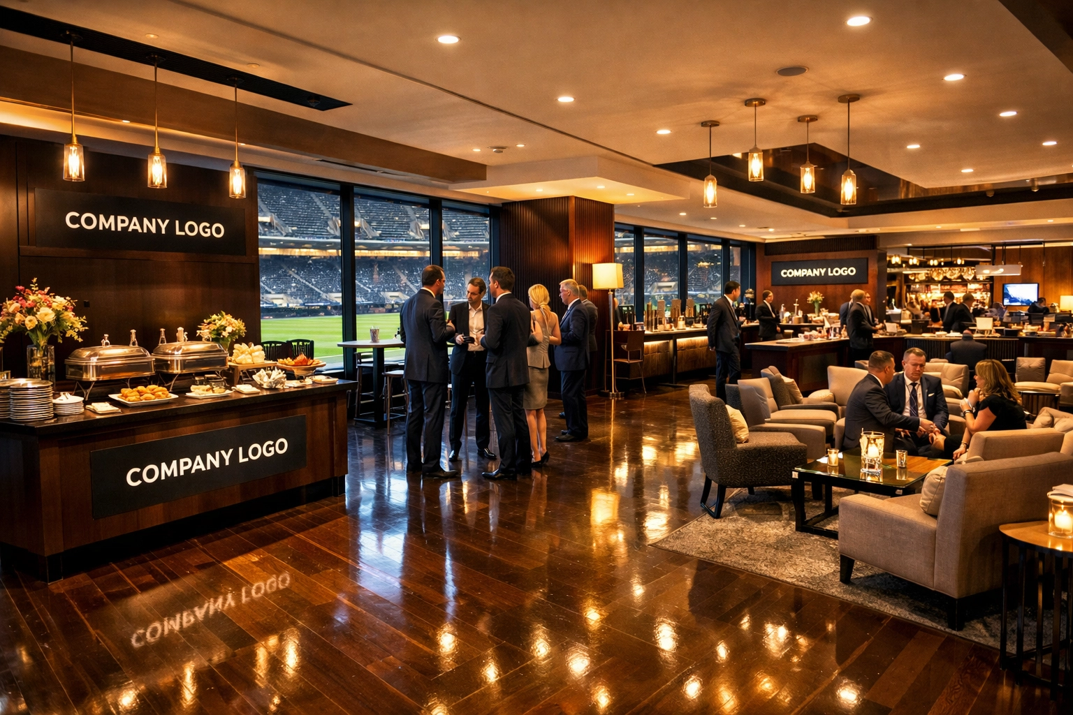 Premium corporate event space at stadium with executives at Super Bowl hospitality gathering