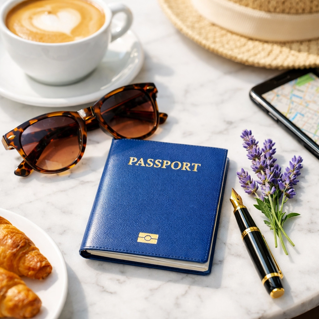 A vibrant lifestyle photograph of travel essentials arranged neatly on a white marble café table. A crisp blue passport is the centerpiece, resting next to a pair of designer tortoiseshell sunglasses, a small sprig of fresh lavender, and a gold-trimmed fountain pen. The lighting is bright and morning-fresh, with soft shadows and a shallow depth of field. The image feels organized, high-end, and full of the anticipation of a sophisticated journey.