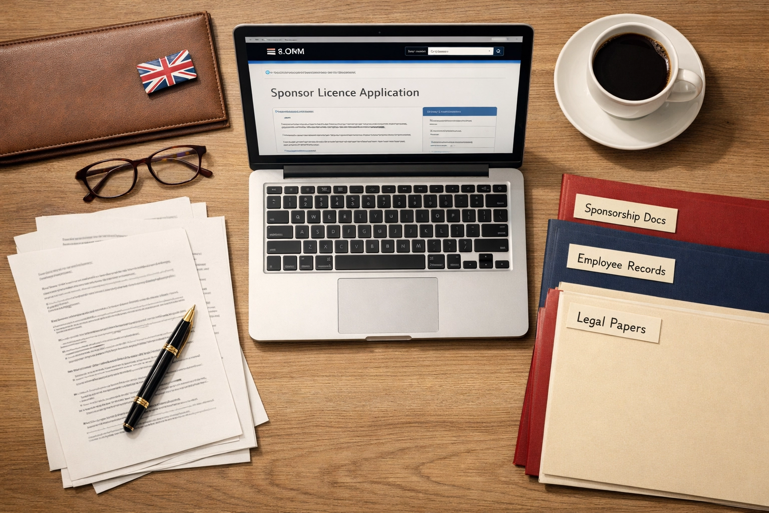 Organized workspace preparing UK sponsor licence application documents and forms