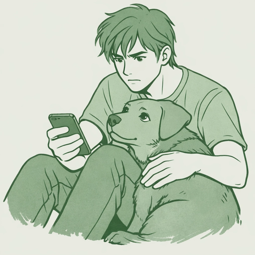 Gay man with loyal puppy before coming out to family - emotional support moment