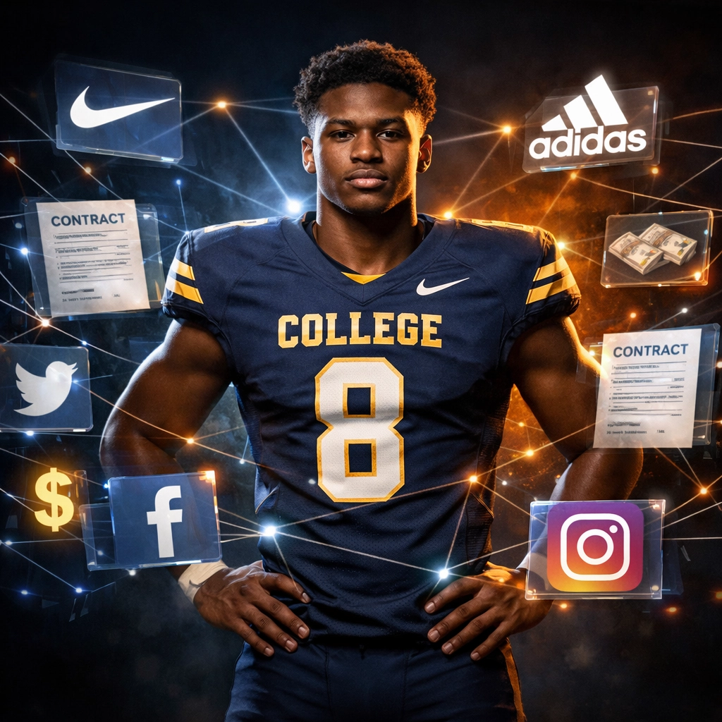 College athlete surrounded by digital NIL branding elements and partnership opportunities
