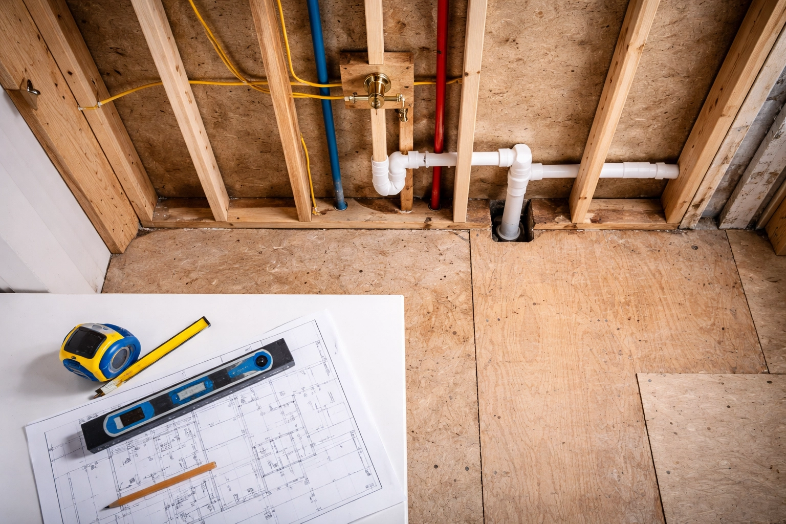 Overhead view of a bathroom renovation in progress with exposed plumbing and blueprints, showing careful planning for a remodel.