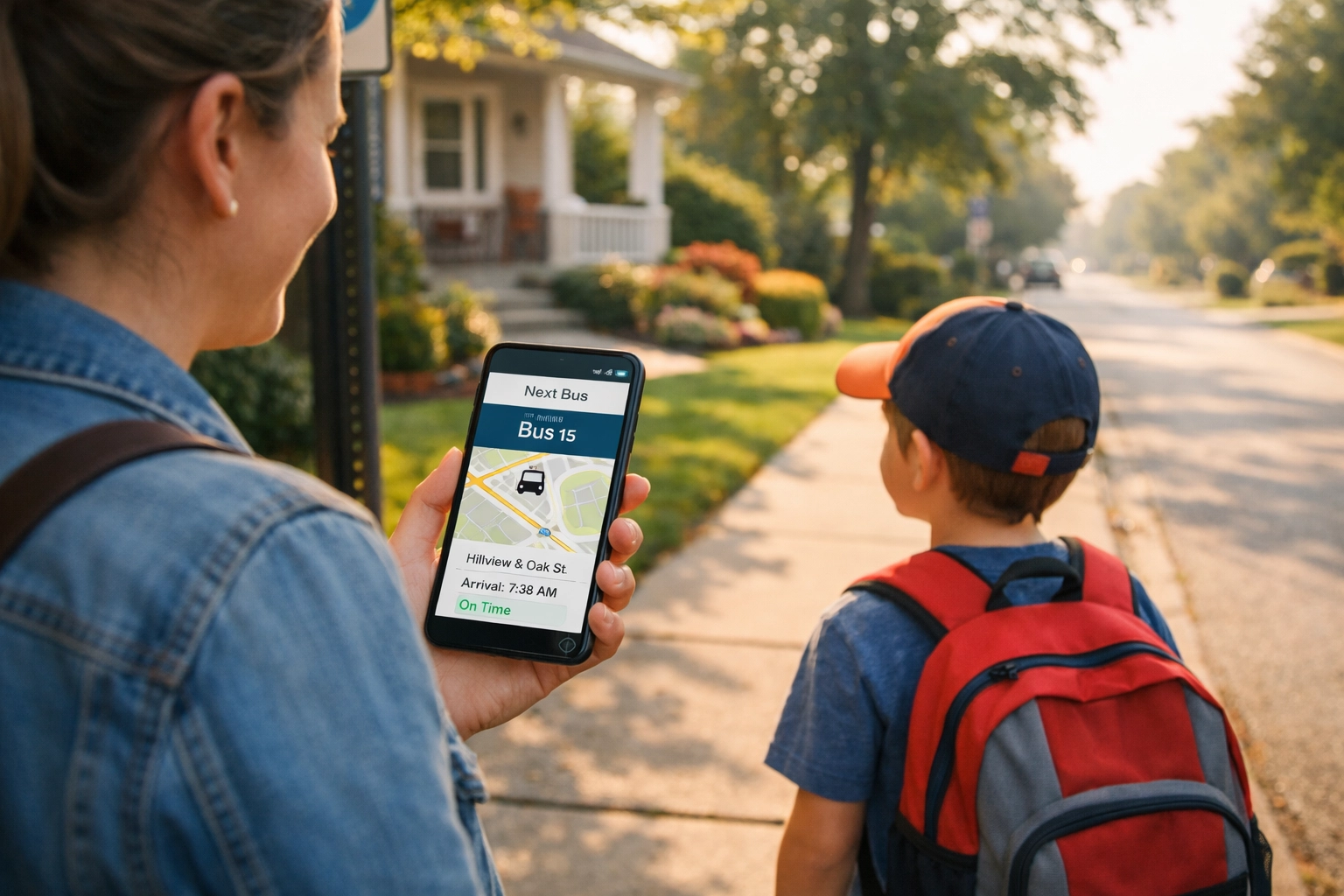 Parent using bus tracking app on smartphone while child waits at morning bus stop
