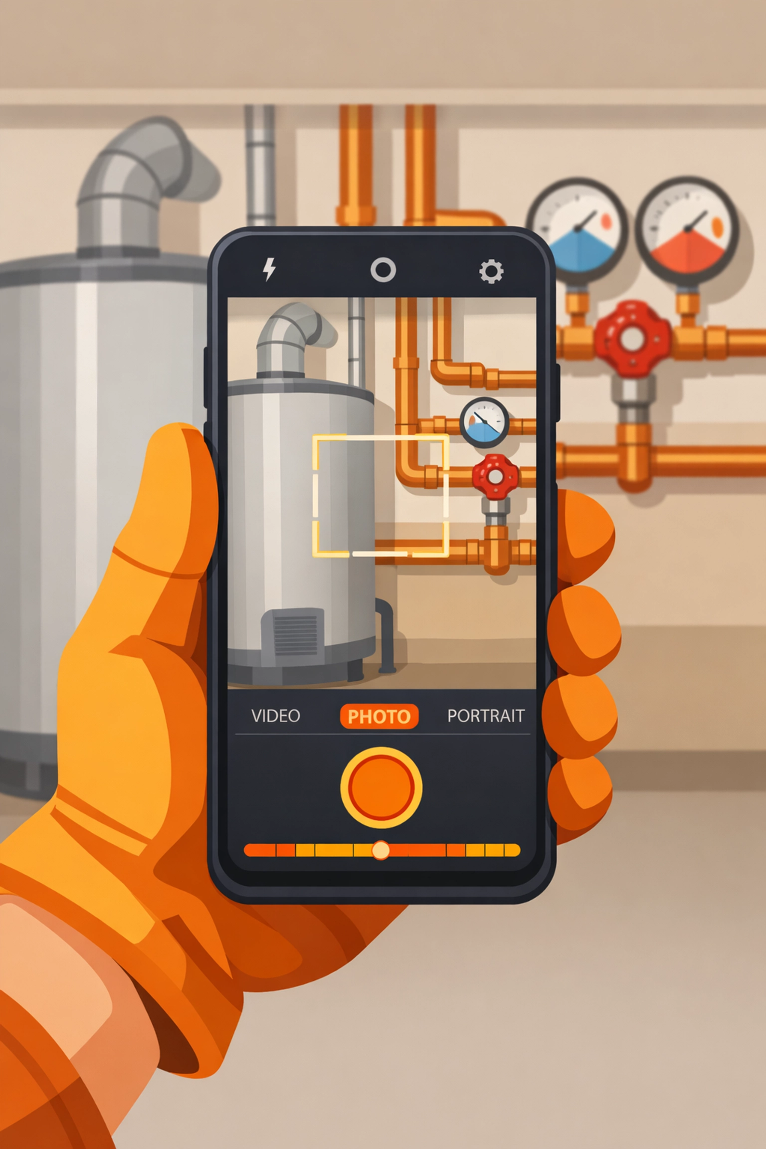 Contractor photographing HVAC equipment with smartphone for real-time job documentation