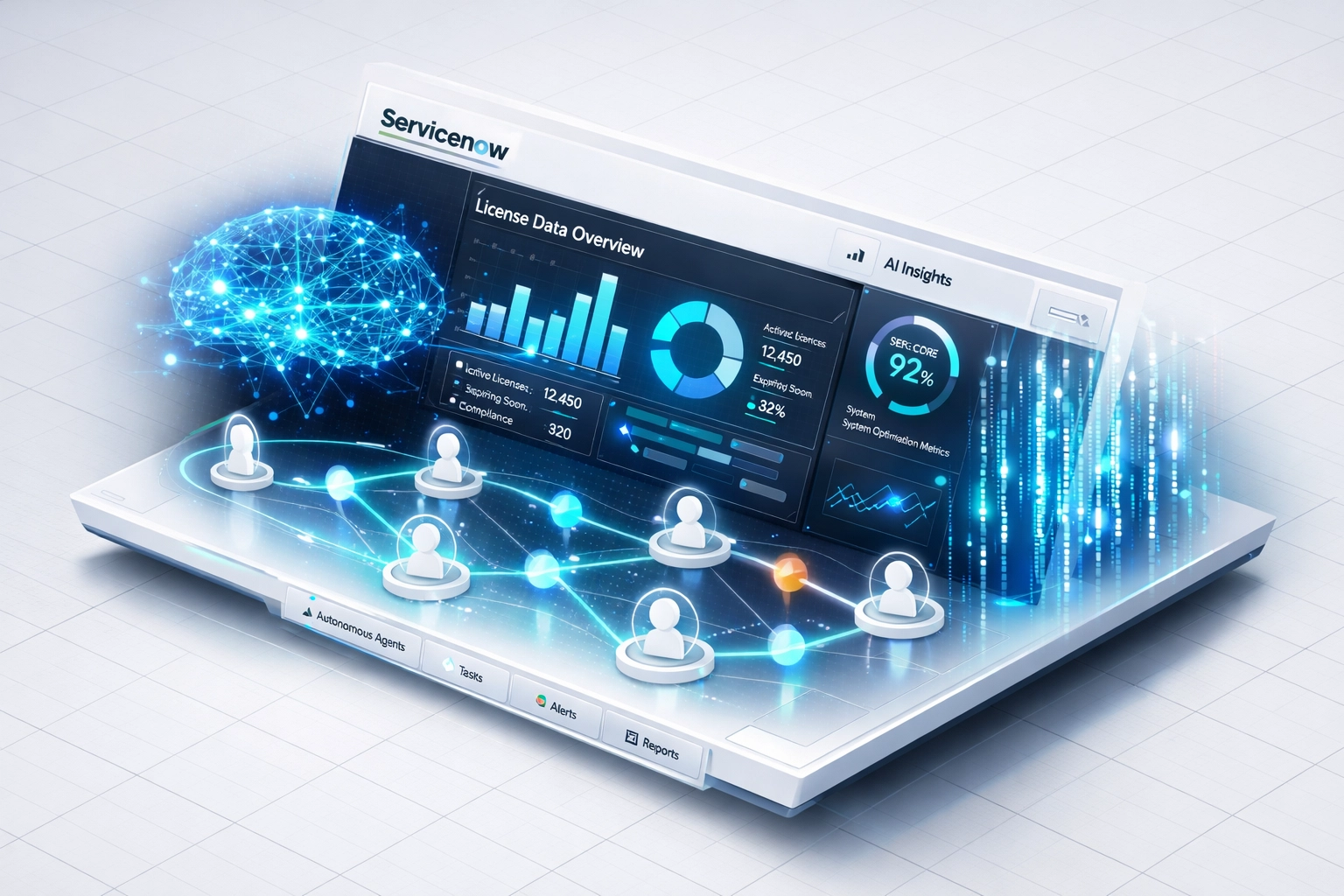 AI-powered ServiceNow dashboard showing license optimization and cost reduction analytics