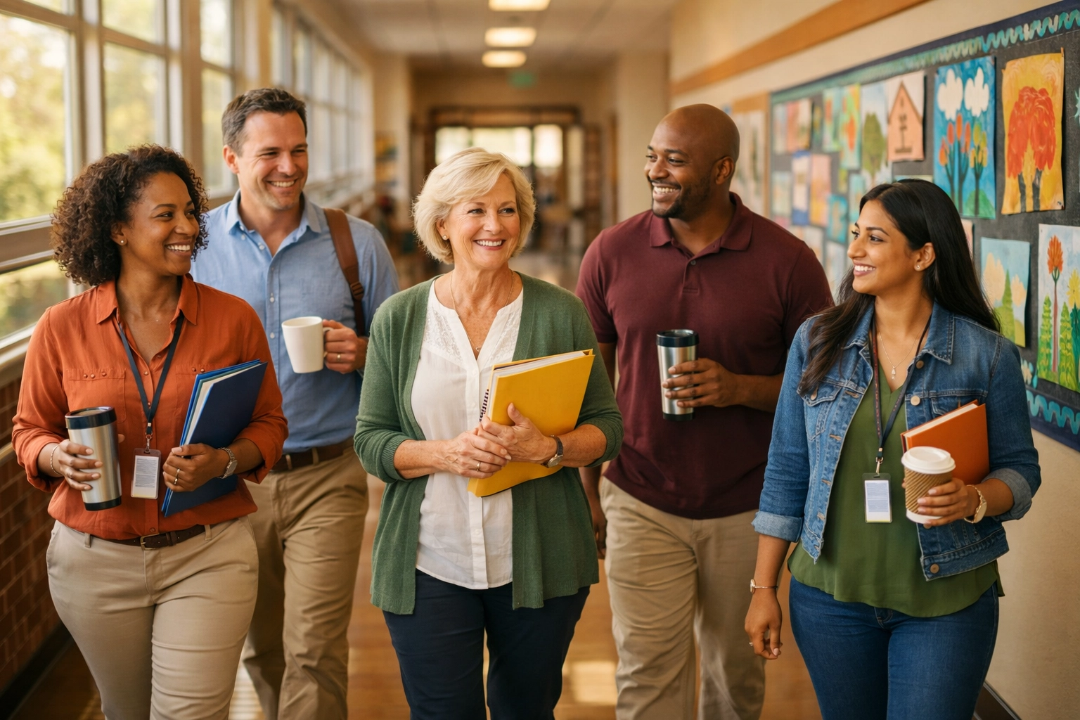 Teachers and staff walking in modern Agua Fria District school hallway in Avondale Arizona