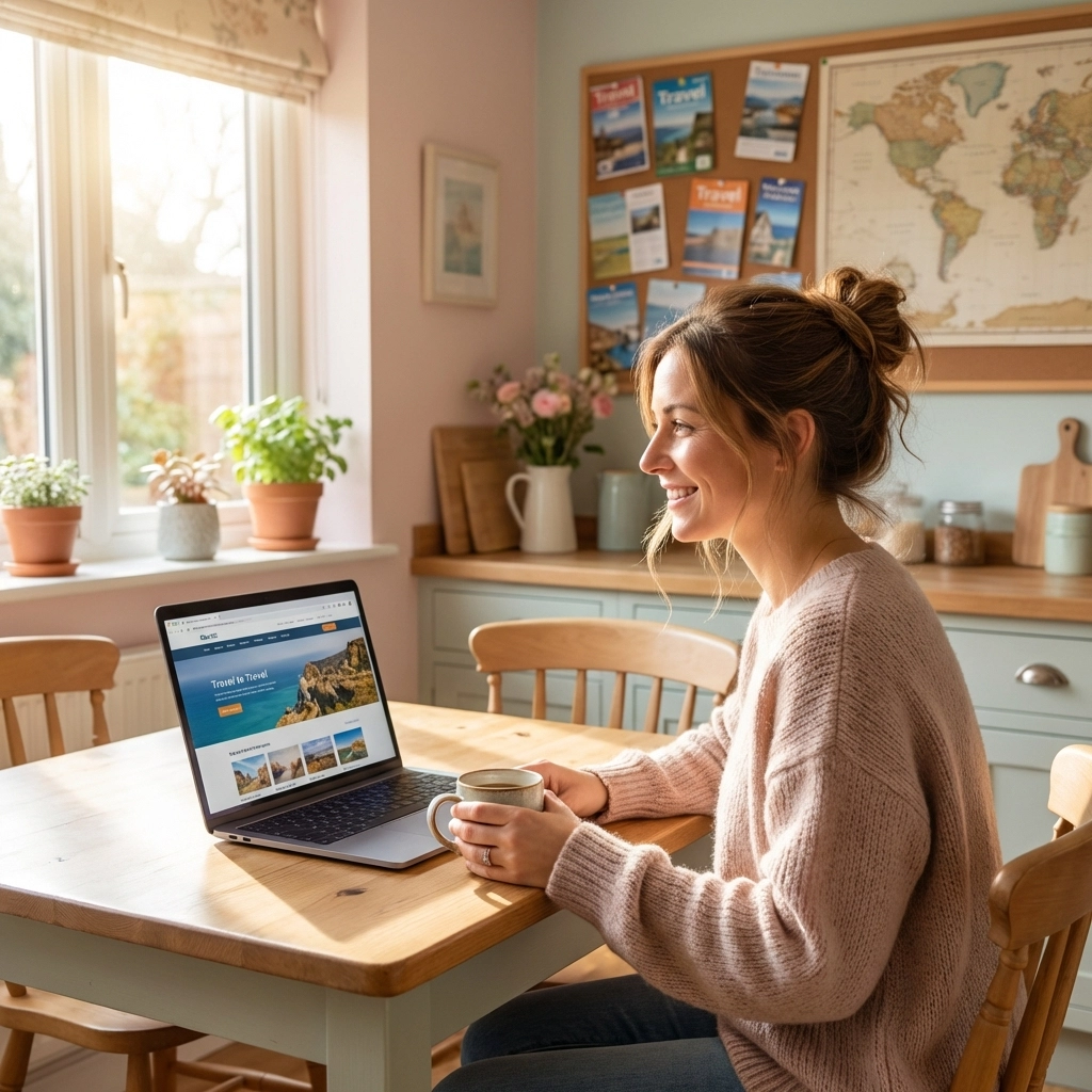 Stay-at-home mom planning travel on laptop at a kitchen table, representing flexible careers for moms