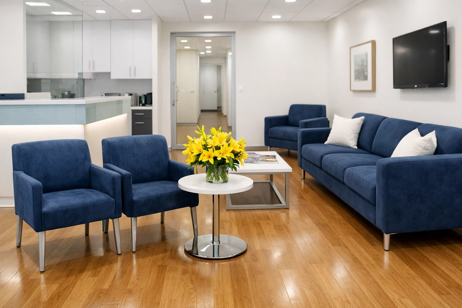 Clean and hygienic medical office waiting room in Tewksbury designed for professional facility care.