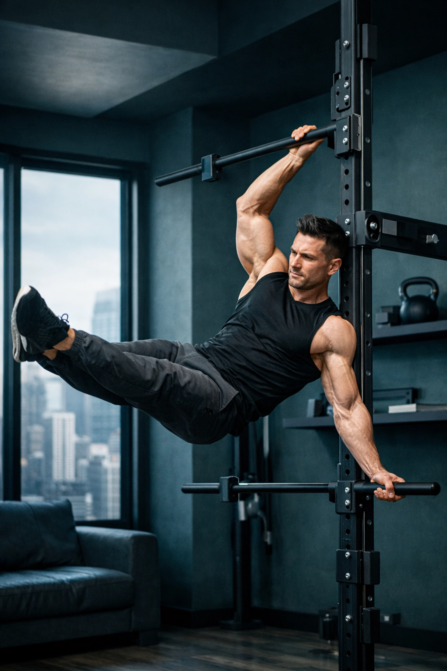 Calisthenics practitioner using a versatile home gym rail to perform a human flag in a minimalist apartment.
