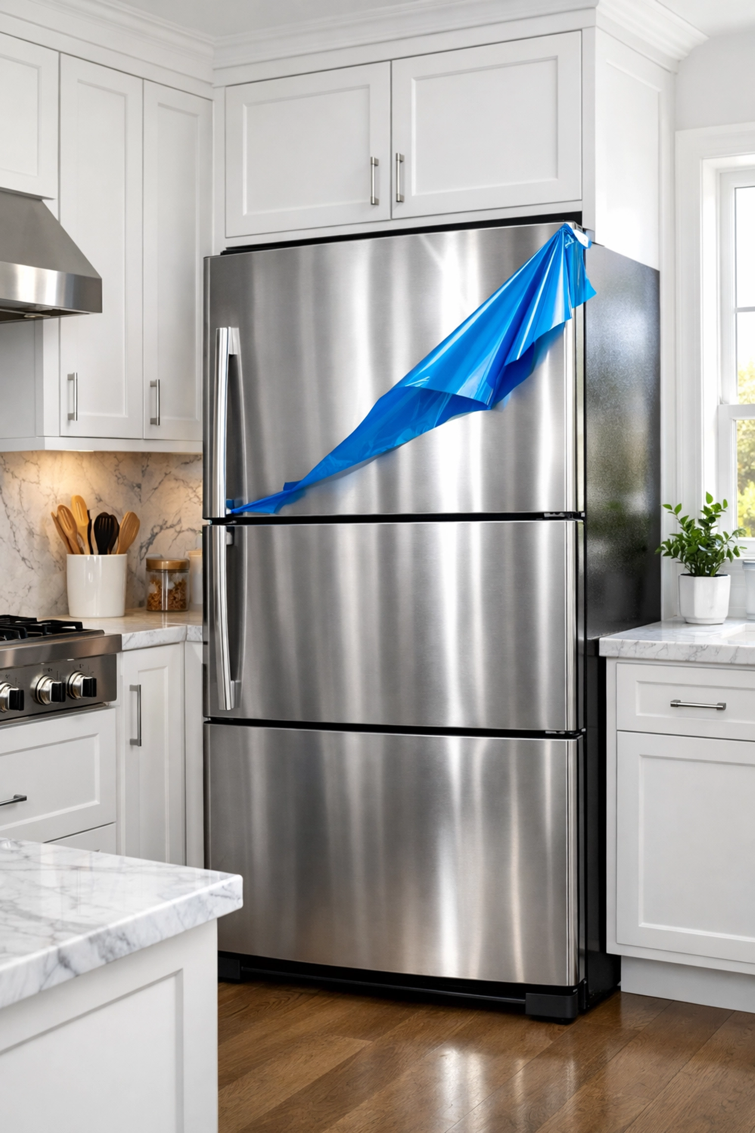 Removing blue protective film from a new stainless steel refrigerator in a modern kitchen.
