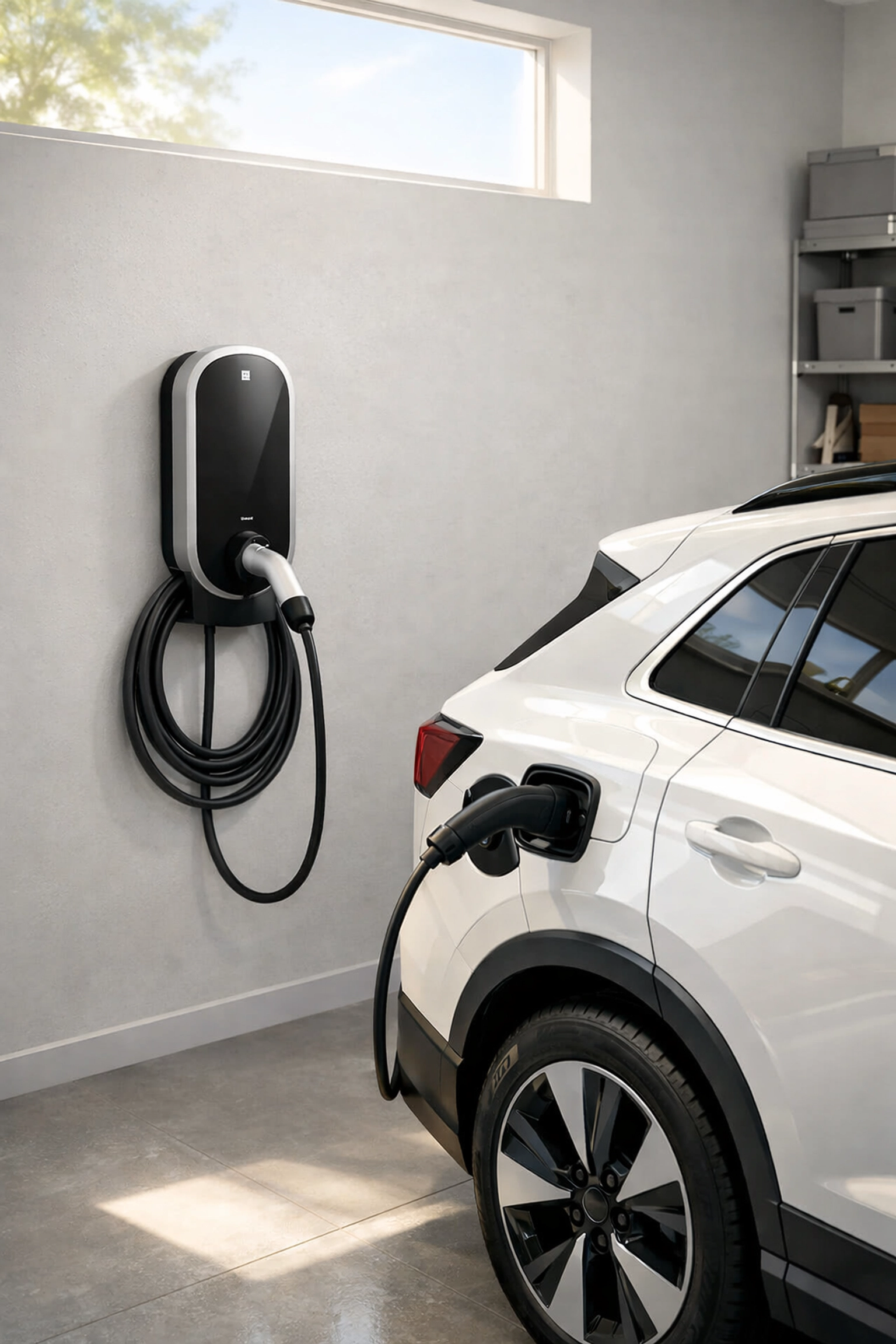 Home Level 2 EV charger installation in a Portland, Maine garage for an electric vehicle.