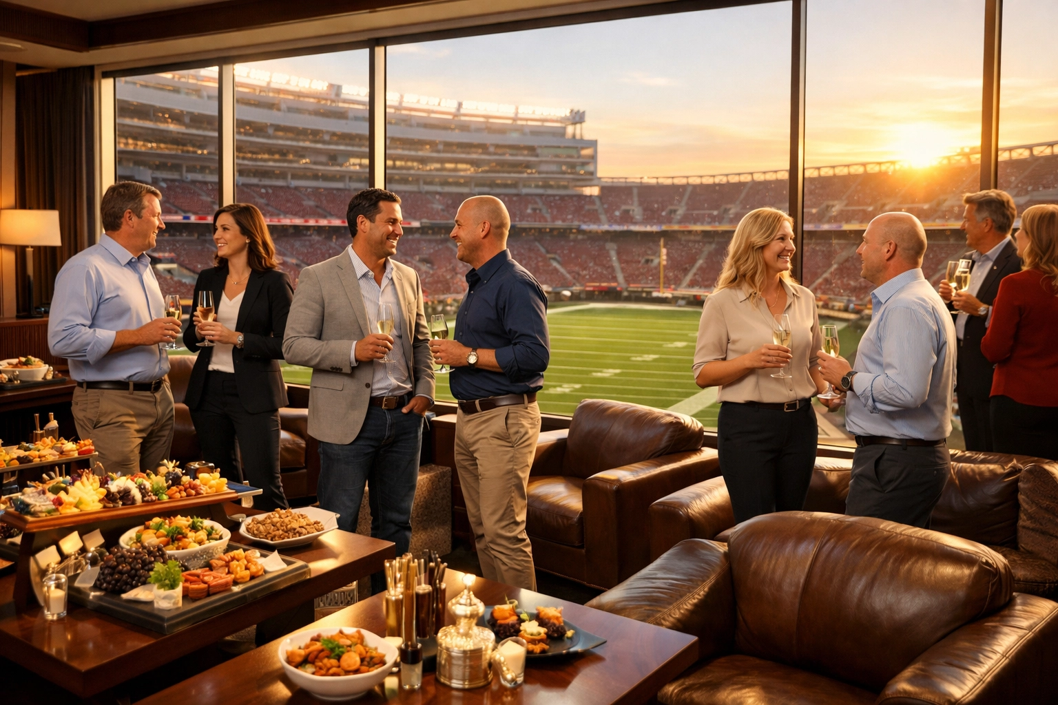 The Ultimate Executive Guide to Super Bowl Logistics and Branding Luxury stadium suite with executives networking during Super Bowl corporate hospitality event