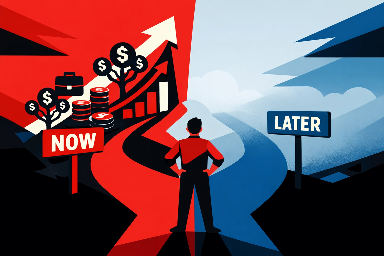 Person choosing between investing now or waiting later at financial crossroads